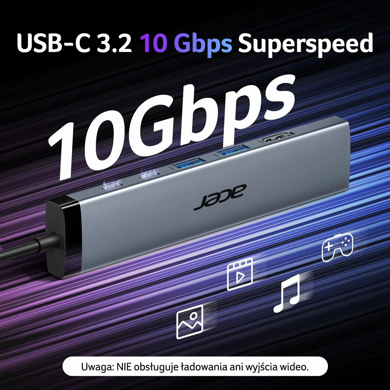 Acer 8 w 1 Hub USB-C 10Gbps Adapter USB-C do HDMI 4K@60Hz 2×USB-C 3.2 2×USB A 3.0 Port PD 100W Rozdzielacz wieloportowy typu C z czytnikiem kart SD/TF
