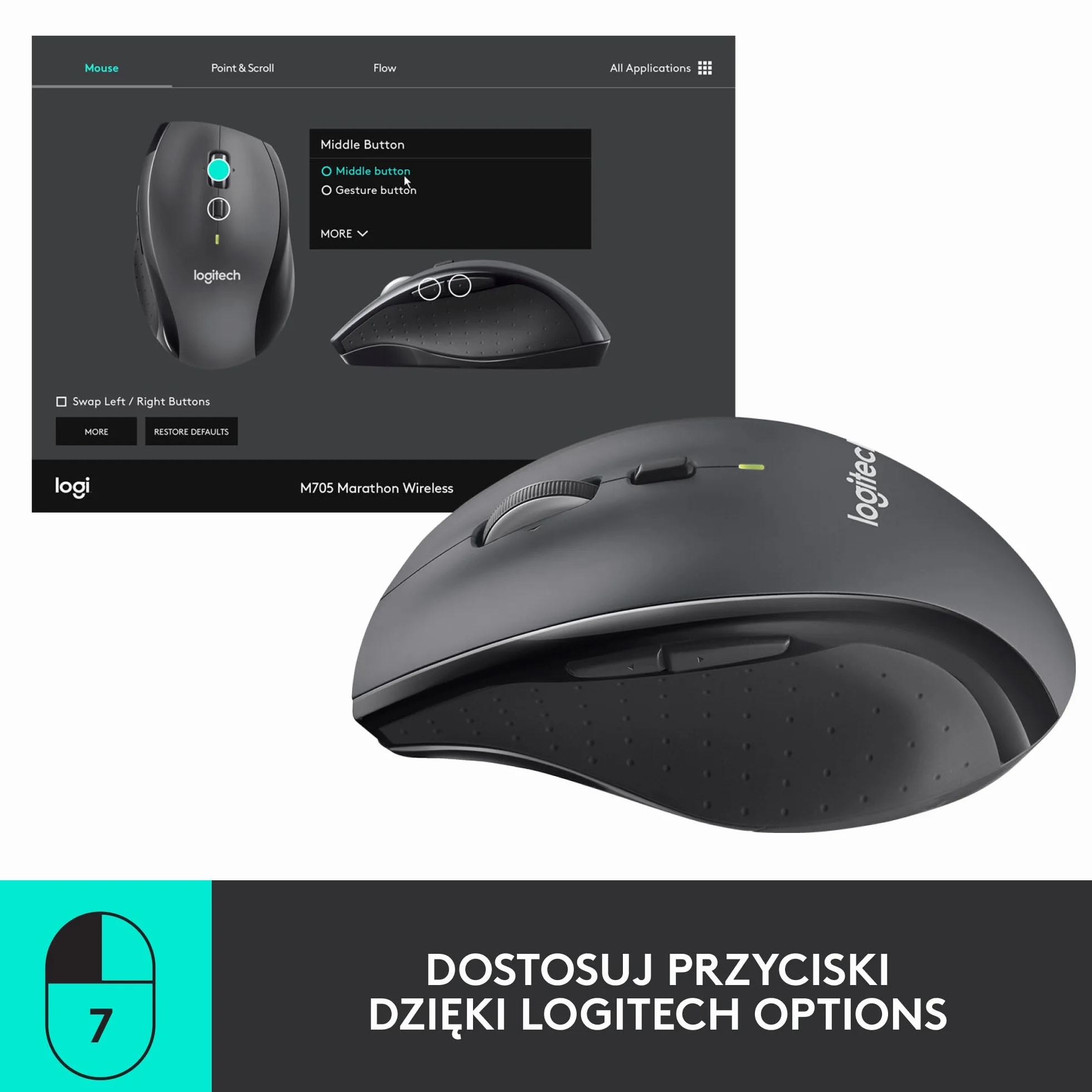 Logitech M705 Marathon Mysz bezprzewodowa 2,4 GHz 1000 DPI 5 przycisków Grafitowy