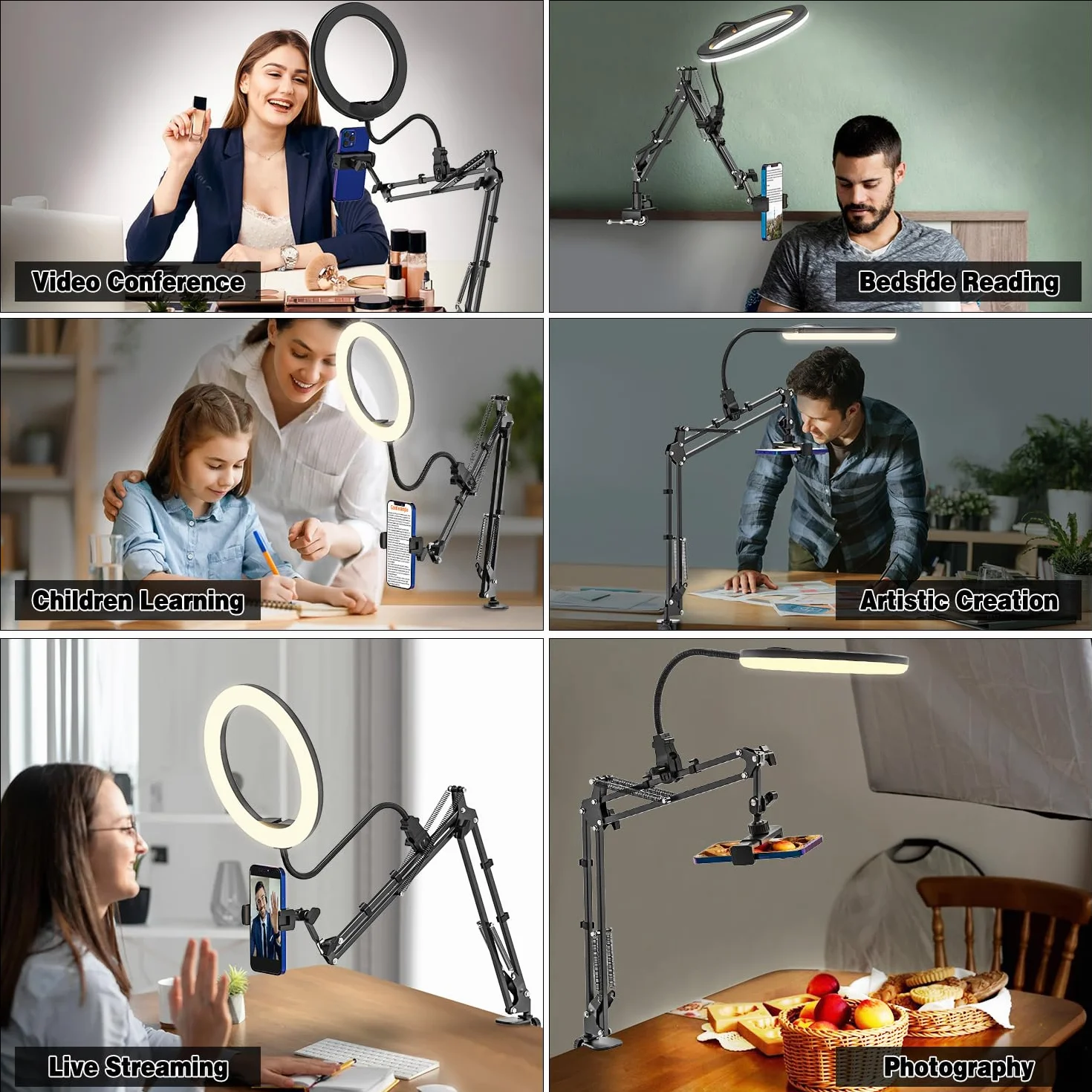 Lampa pierścieniowa LED ze statywem, telefon komórkowy, 10", elastyczny statyw na telefon komórkowy, lampa pierścieniowa, ściemniana, lampa pierścieniowa, 3 kolory światła + 10 poziomów jasności