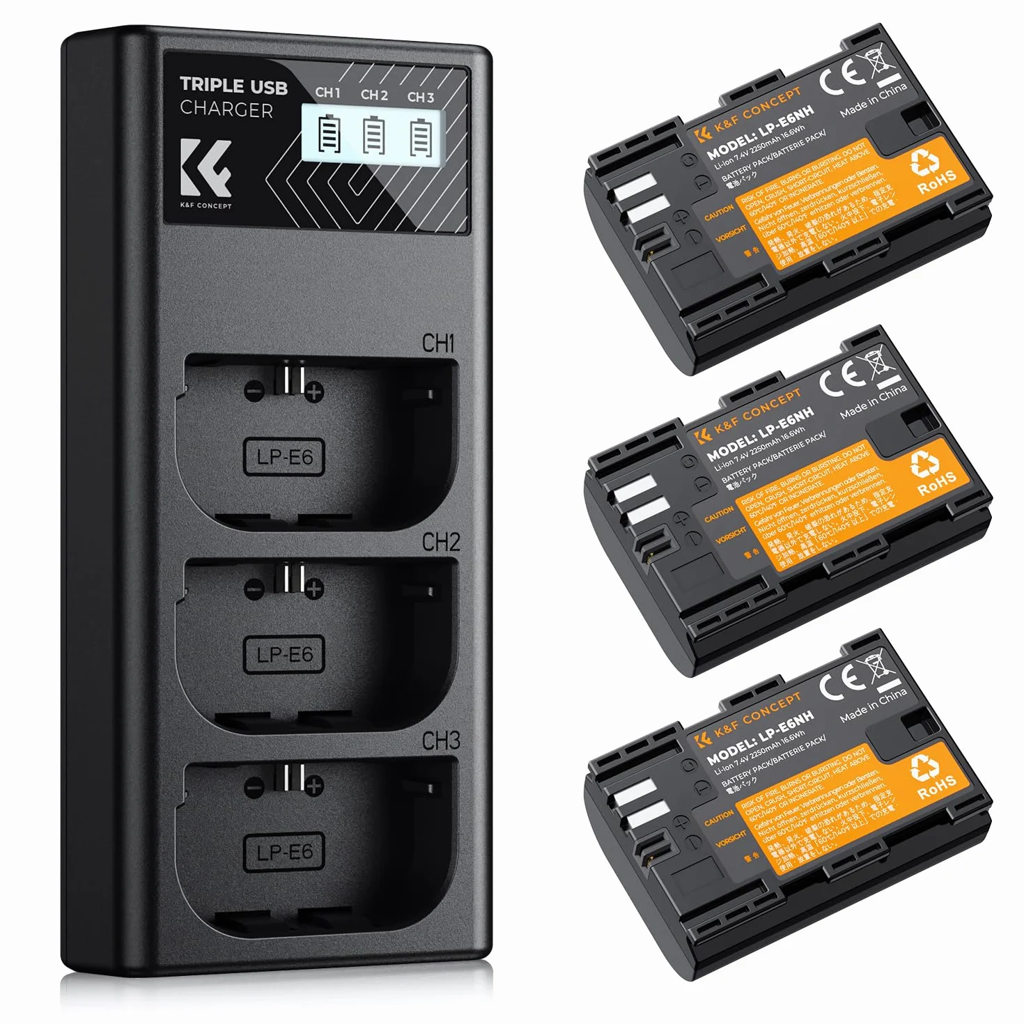 K&F Concept LP-E6NH akumulator, 2250 mAh (3 sztuki) i ładowarka 3-gniazdkowa, zestaw akumulatorów, kompatybilny z EOS R7, R5, R6, EOS II, 5D III, IV