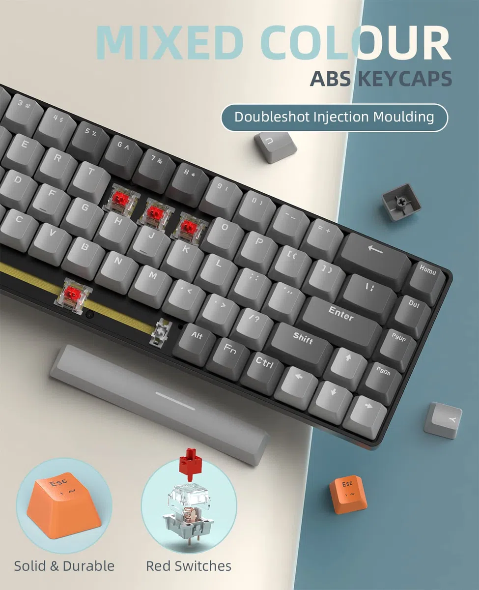 MAGIC-REFINER RK68 Bezprzewodowa klawiatura mechaniczna, 60% klawiatura do gier, Apex Pro Mini tryb podwójny 2,4 G i Bluetooth 5.0, Odbiornik 2 w 1, 68 klawiszy hot swap czerwony przełącznik, PC/Mac
