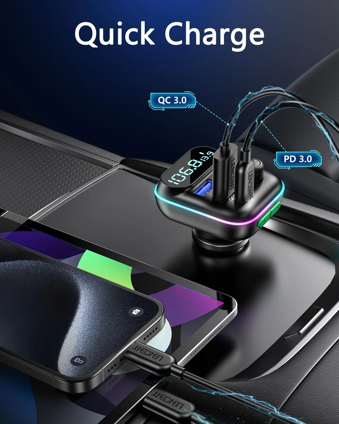 LENCENT Samochodowy nadajnik FM Bluetooth, ładowarka z przyłączem PD3.0 (USB-A) i QC3.0(USB-C), funkcja głośnomówiąca bezprzewodowy samochodowy odtwarzacz,transmiter, MP3, karta TF(micro SD)