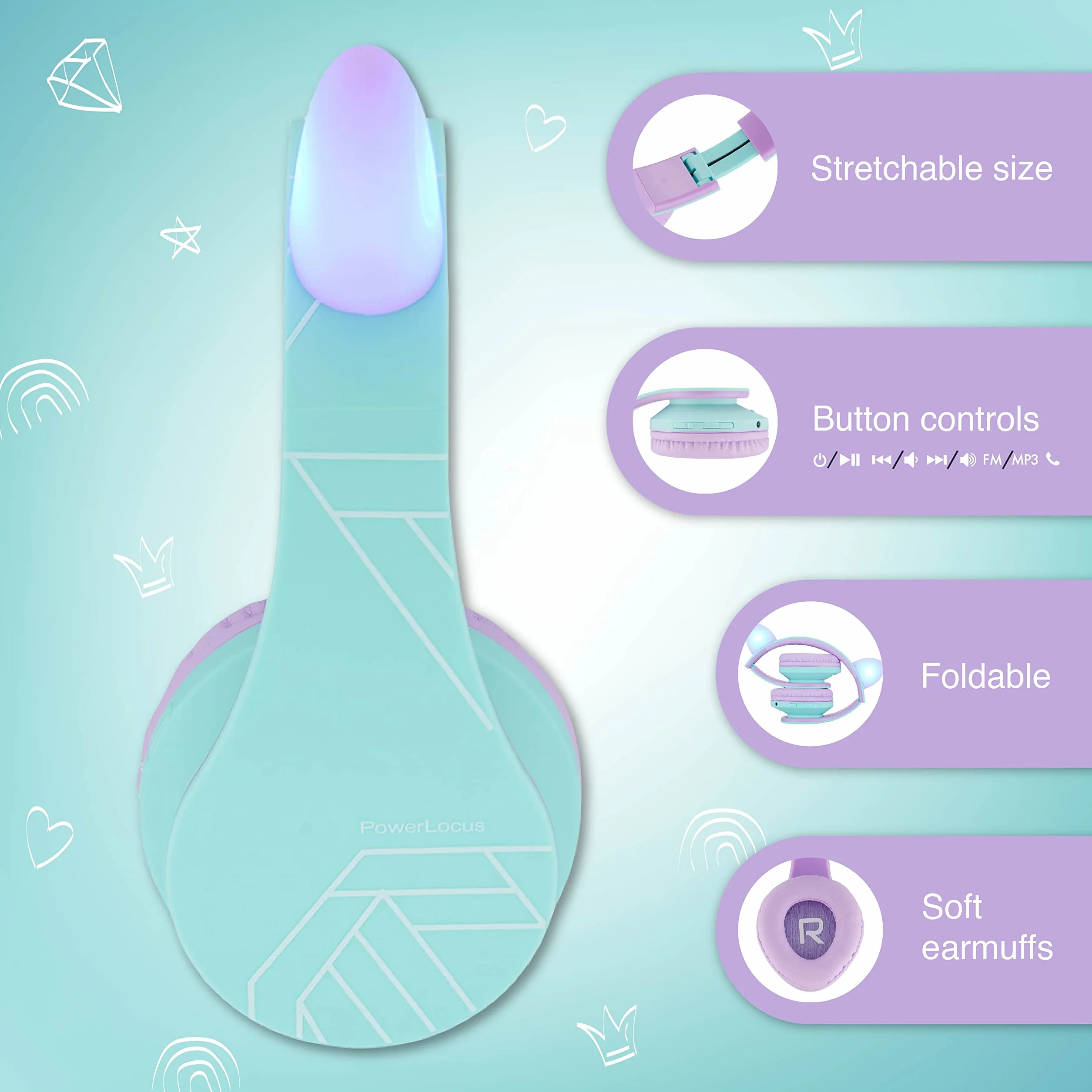 PowerLocus Dziecięce słuchawki douszne, Bluetooth z ograniczeniem głośności 85 dB, składane, z torbą do noszenia, bezprzewodowe słuchawki nauszne i kabel z mikrofonem, trybem micro SD do telefonu