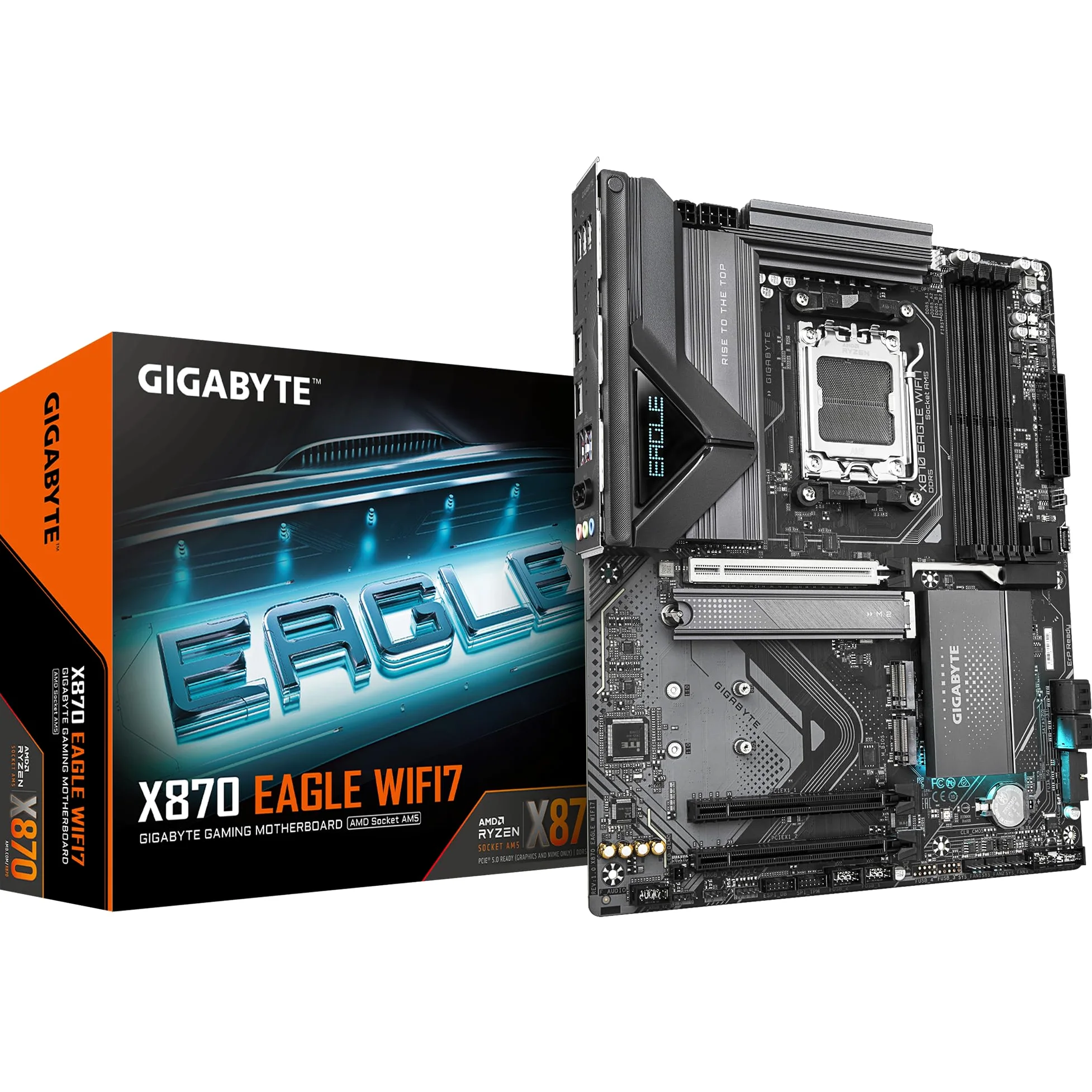 GIGABYTE Płyta główna X870 EAGLE WIFI7 - obsługuje procesory AMD Ryzen 9000, 14+2+2 fazy VRM, do 8000 MHz DDR5 (OC), 1 x PCIe 5.0, Wi-Fi 7, 2.5 GbE LAN, USB 4