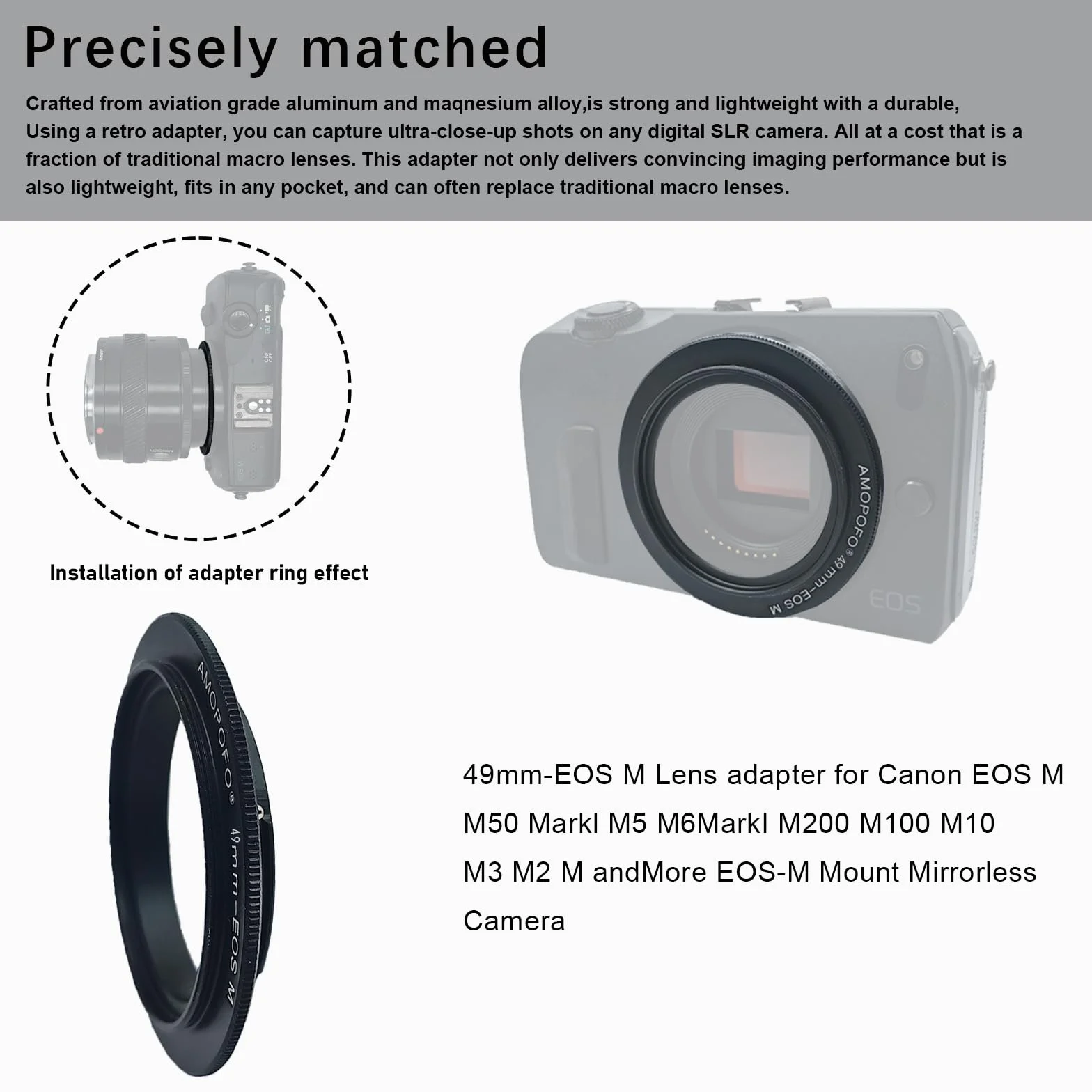 EOS M-49 mm adapter retro/pierścień odwrócony makro, do Canon EOS M Mirroless M1 M2 M3 M10 M50 M6 M5, do odwrotnego przykręcenia obiektywu. Do zdjęć makro