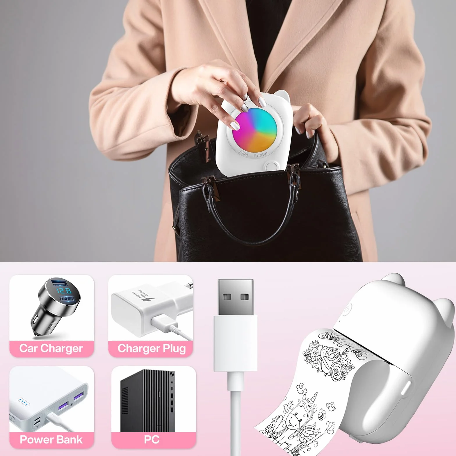 Mini Przenośna Drukarka Fotograficzna, Bezprzewodowa Natychmiastowa Drukarka Termiczna Bluetooth z 14 Rolkami Papieru, Inteligentna Drukarka Bluetooth dla iOS i Androida do Etykiet, Zdjęć