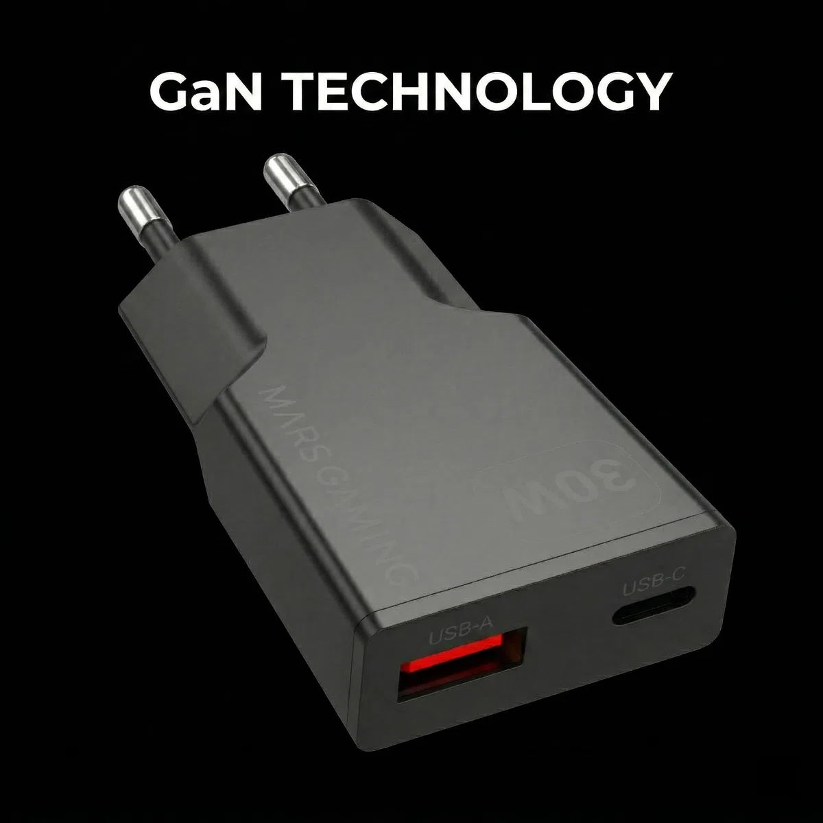 Mars Gaming MD-GAN30, Ładowarka USB 30W, Szybkie ładowanie PD 3.0 i QC 3.0, Technologia GaN, Ultrakompaktowy i Lekki Format, 9 Zabezpieczeń, Port USB-C i USB-A, Wtyczka Europejska Typu C, Czarny