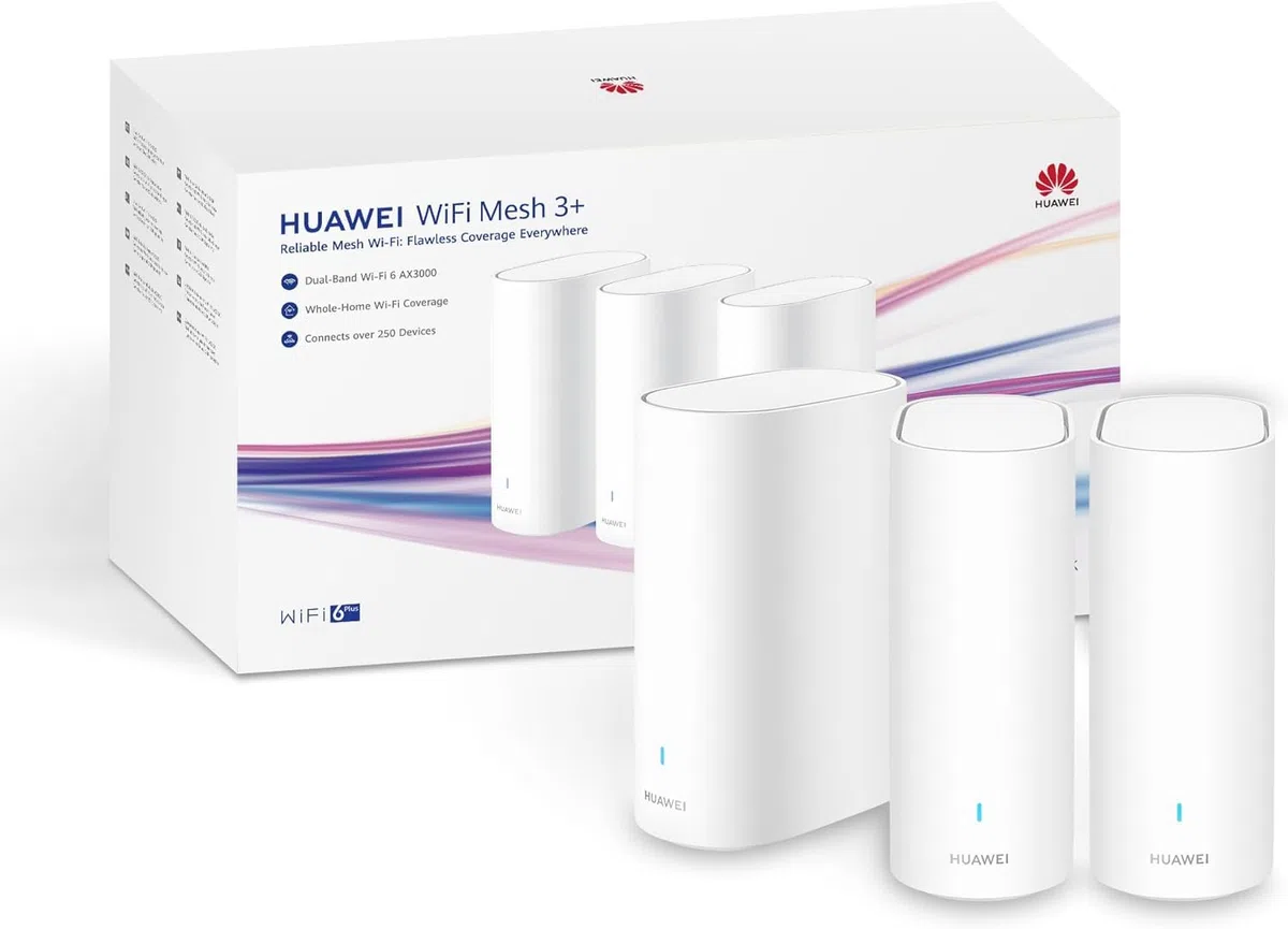 HUAWEI WiFi Mesh 3+ router, dwuzakresowy Wi-Fi 6 AX3000, pokrywa Wi-Fi w całym domu, ponad 250 połączeń urządzeń, penetracja ściany, brak funkcji DSL, biały, 3 sztuki w opakowaniu