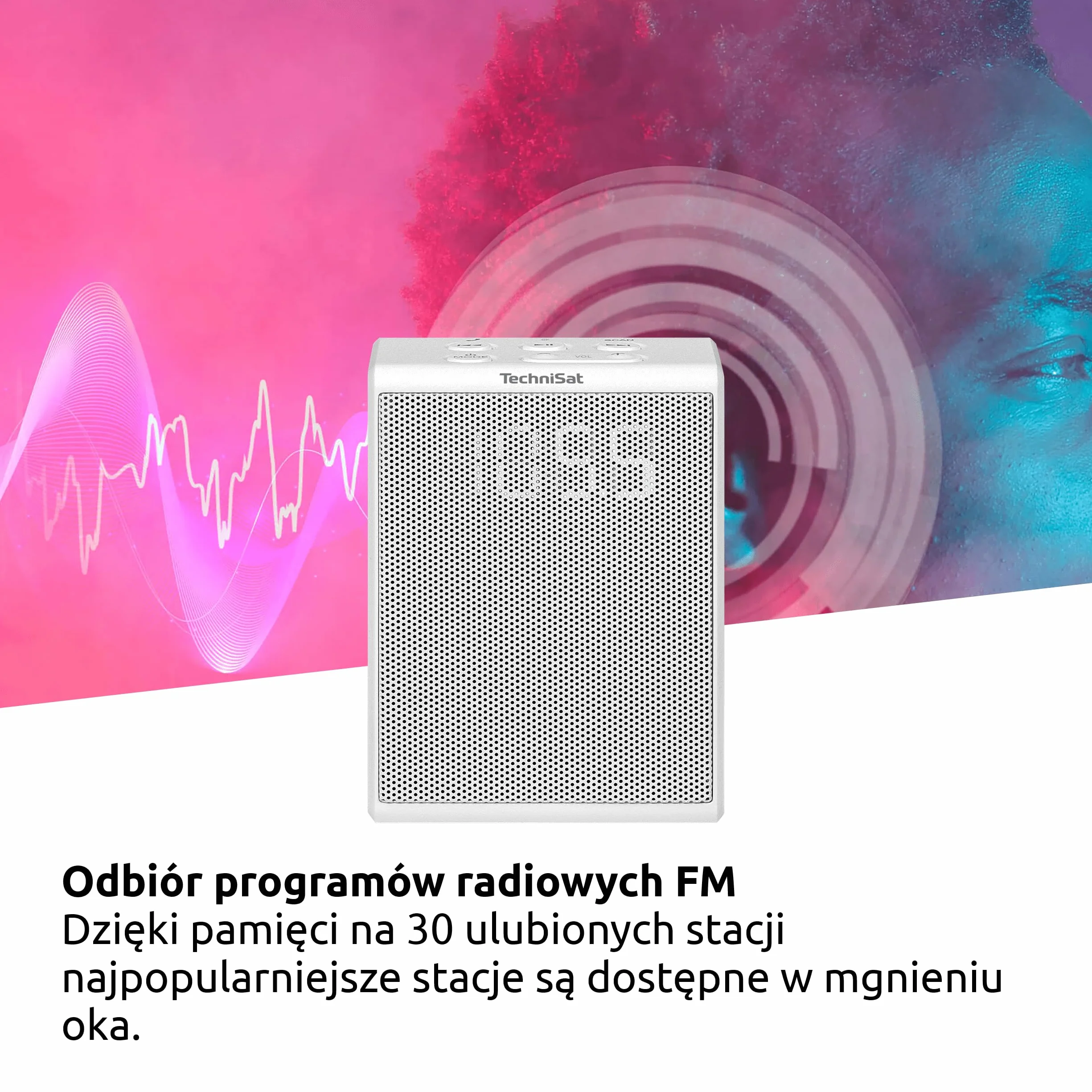 TechniSat VIOLA Radio z gniazdkiem, kompaktowe radio FM do gniazdka (Bluetooth, zestaw głośnomówiący, przyciski sterujące, 30 ulubionych, głośnik mono 1,5 W), białe