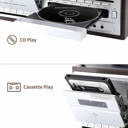 Odtwarzacz płyt Bluetooth w stylu retro z wbudowanymi głośnikami – 3-biegowy gramofon vintage, odtwarzacz CD i kasetowy, konstrukcja o niskim poziomie hałasu, matowa osłona przeciwpyłowa, idealna do