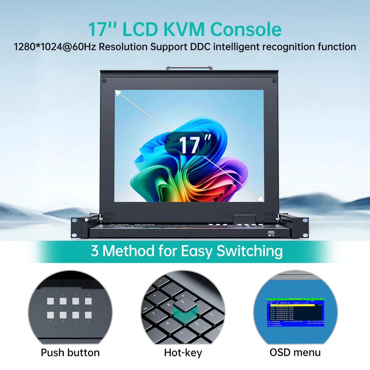 MT-VIKI 17-calowy monitor LCD Rackmount KVM Monitor Switch 8 portów KVM VGA ze zintegrowaną konsolą do szafy 1U 600-800 mm szafy, touchpada, szuflady, Hotkey OSD z 4 x 1,5 m + 4 x 1,8 m kablami 1280 x