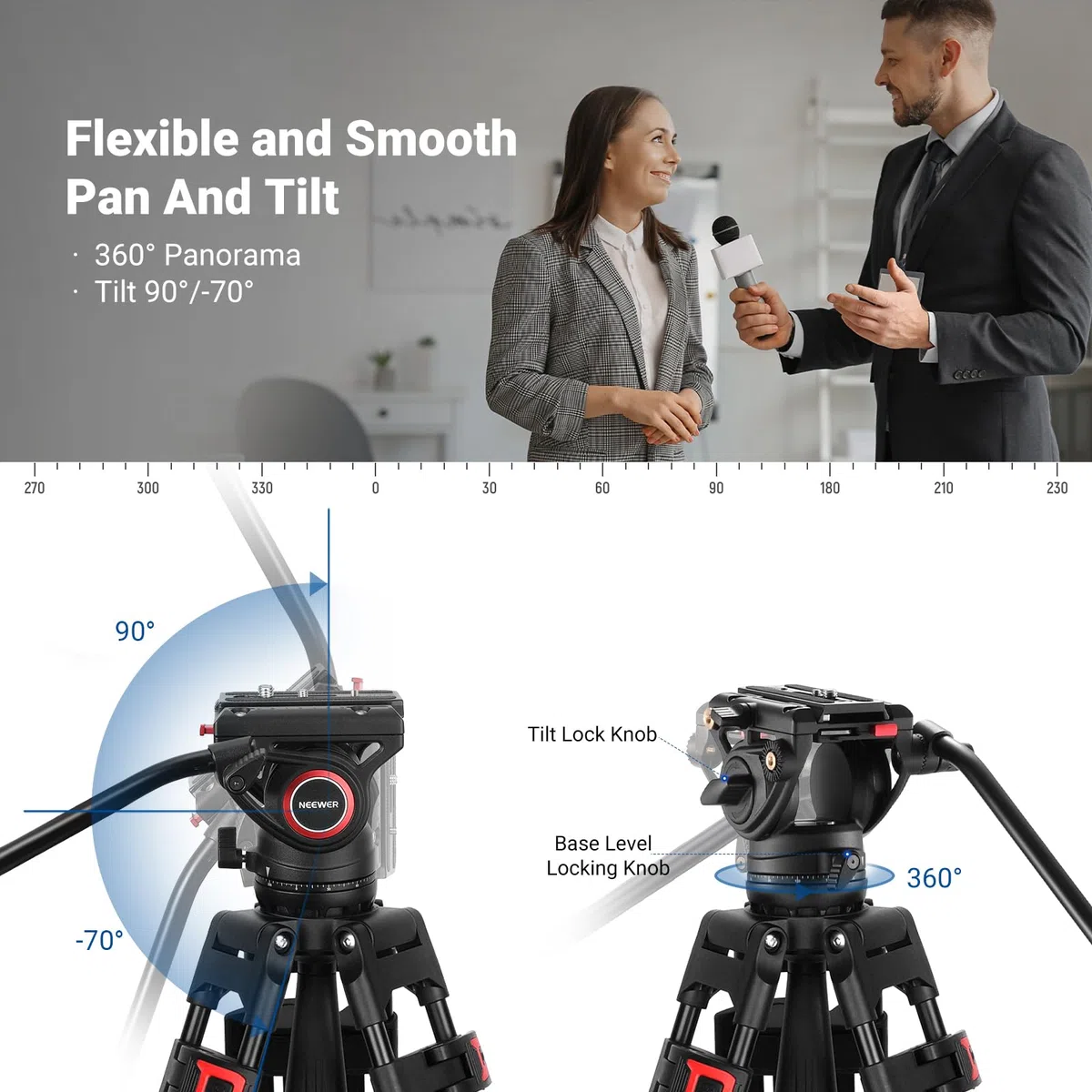 NEEWER 74" Pro statyw wideo z głowicą fluidową, płyta QR kompatybilna z DJI RS Gimbals Manfrotto, wytrzymały statyw do aparatu z uchwytem teleskopowym, skalowana podstawa do lustrzanek cyfrowych,