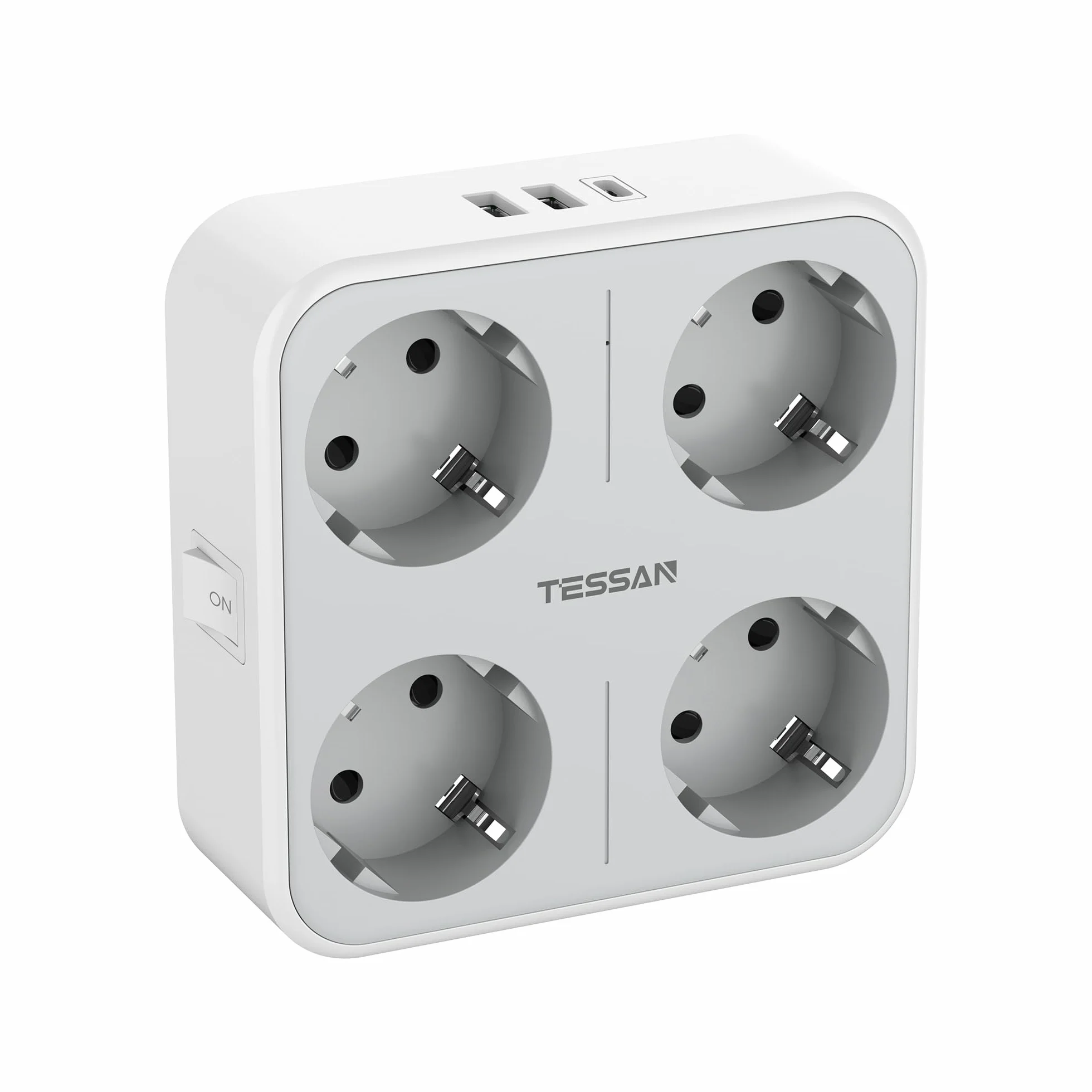 TESSAN Gniazda USB C, Wiele Gniazd 4 Gniazda Schuko z 1 USB C i 2 USB A, do Gniazd 4000 W, Gniazdo USB 7 w 1 do Biura, Kuchni, Gniazdo ścienne Szare