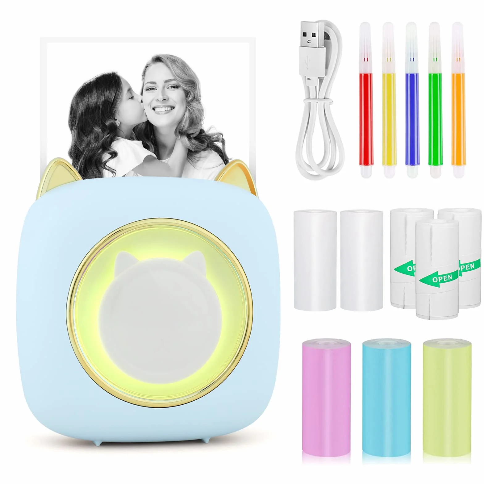 GuKKK Mini drukarka, mobilna drukarka fotograficzna, przenośna, mini drukarka fotograficzna z siedmioma kolorami LED, bezprzewodowa drukarka fotograficzna, drukarka termiczna do smartfonów, drukarka