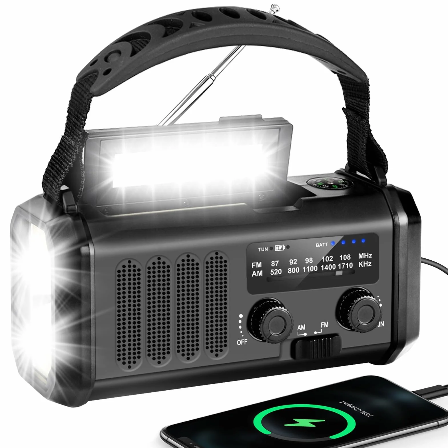 Radio Korbowe 20000mAh Akumulator Ładowalne AM/FM Przenośne Solarne Dynamo Latarka LED Alarm SOS Kompas Czarny