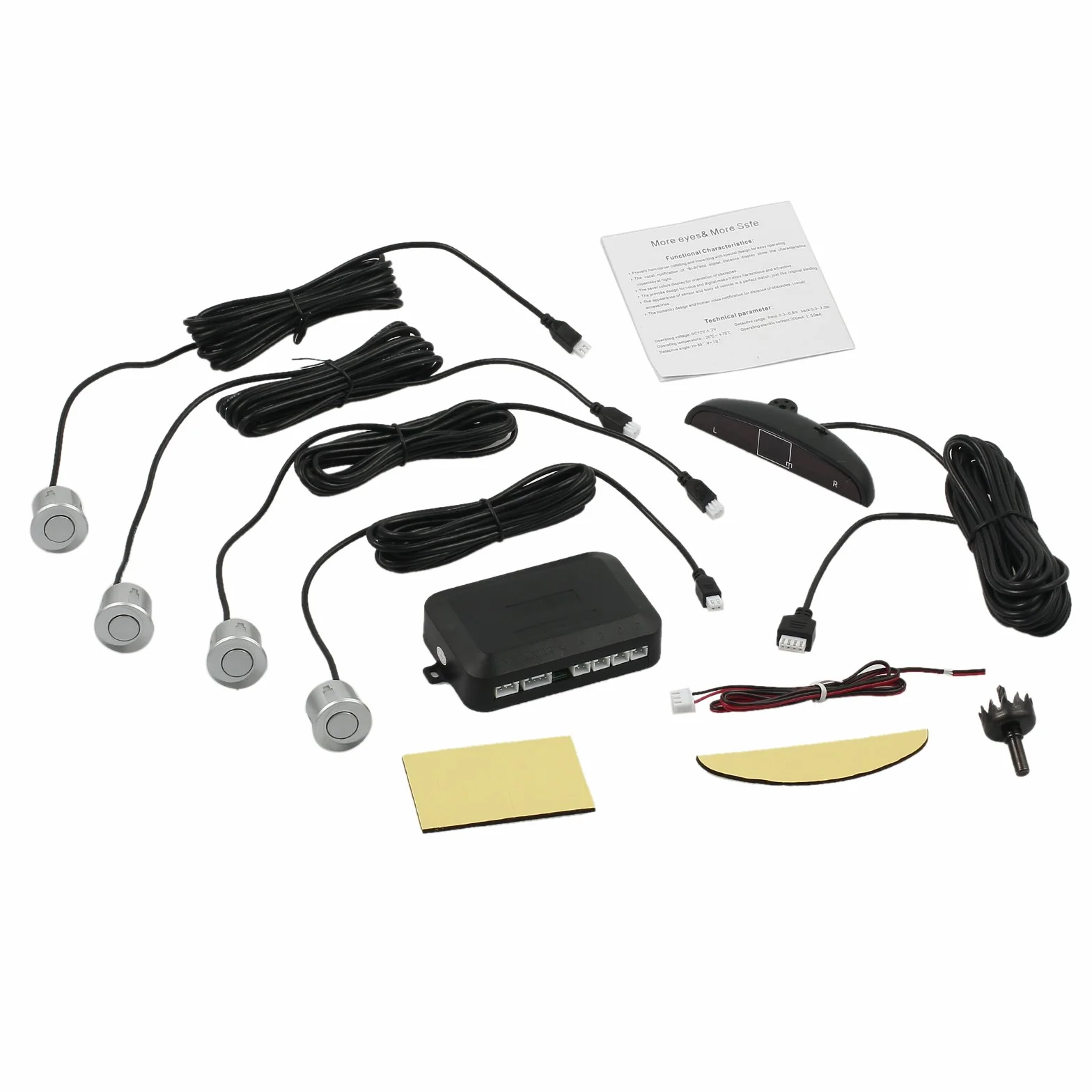 AUTOUTLET DC 12 V tylne parkowanie do tyłu, 4 czujniki, dźwięk cofania, zestaw alarmowy, wyświetlacz LCD, srebrny