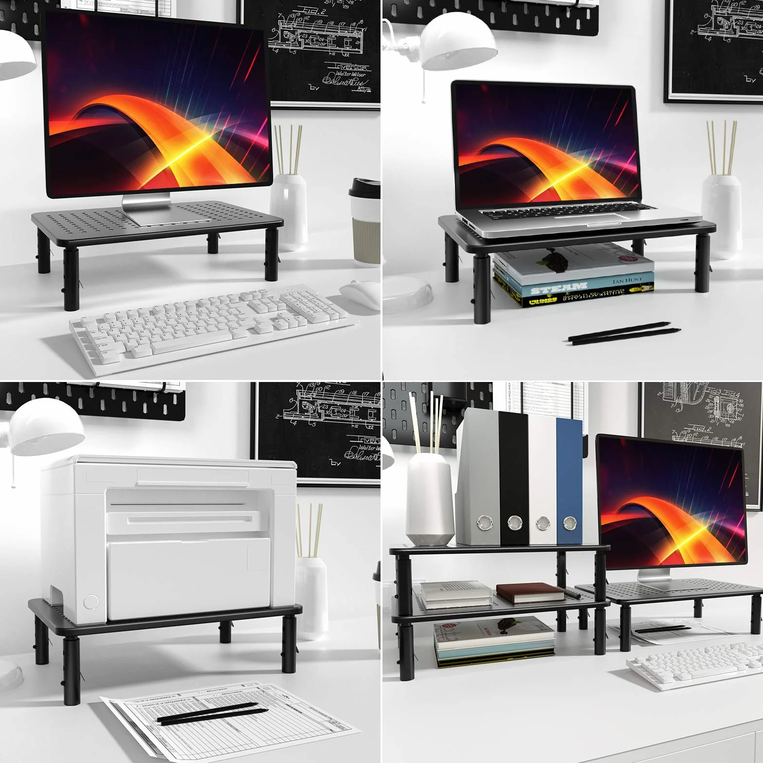 HUANUO Uchwyt na monitor – ergonomiczny i regulowany uchwyt na laptopa w 3 wysokościach z siatkową platformą do laptopa, komputera, iMaca, PC, drukarka do 20 kg