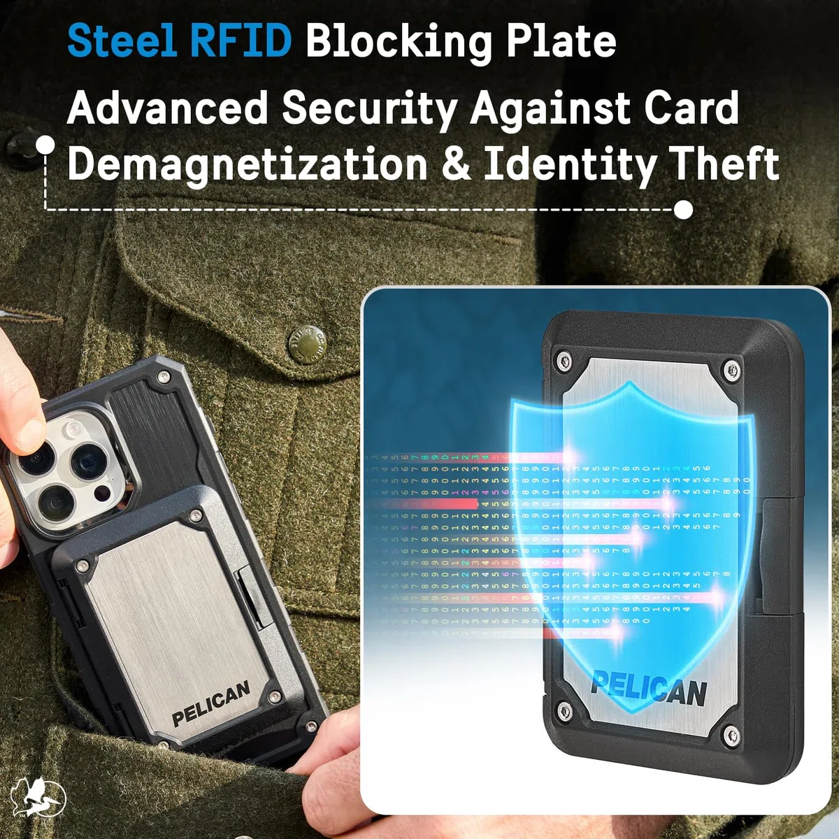 Pelican Shield Magnetyczny portfel z blokadą RFID, ochrona przed upadkiem, zatrzaskowy portfel MagSafe, zdejmowany portfel z twardą obudową do iPhone'a 15 Pro Max/14 Pro Max/13 Pro Max/12,
