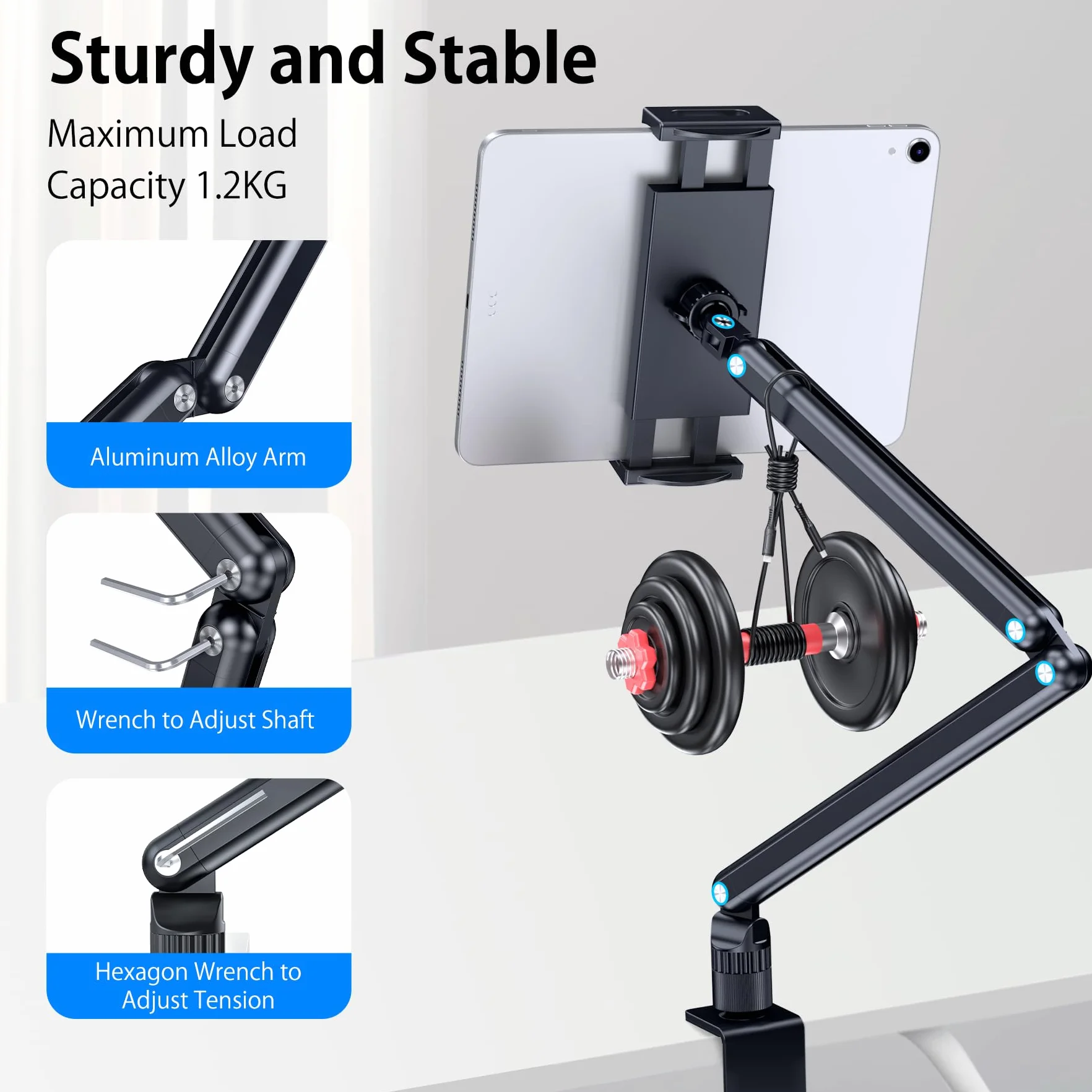 Stojak na tablet, aluminiowy uchwyt na biurko do iPada, uchwyt na ramię tabletu z metalową podstawą obracającą się o 360°, pasuje do iPada Air Pro Mini, telefonów, Samsung Galaxy, Kindle, wszystkich