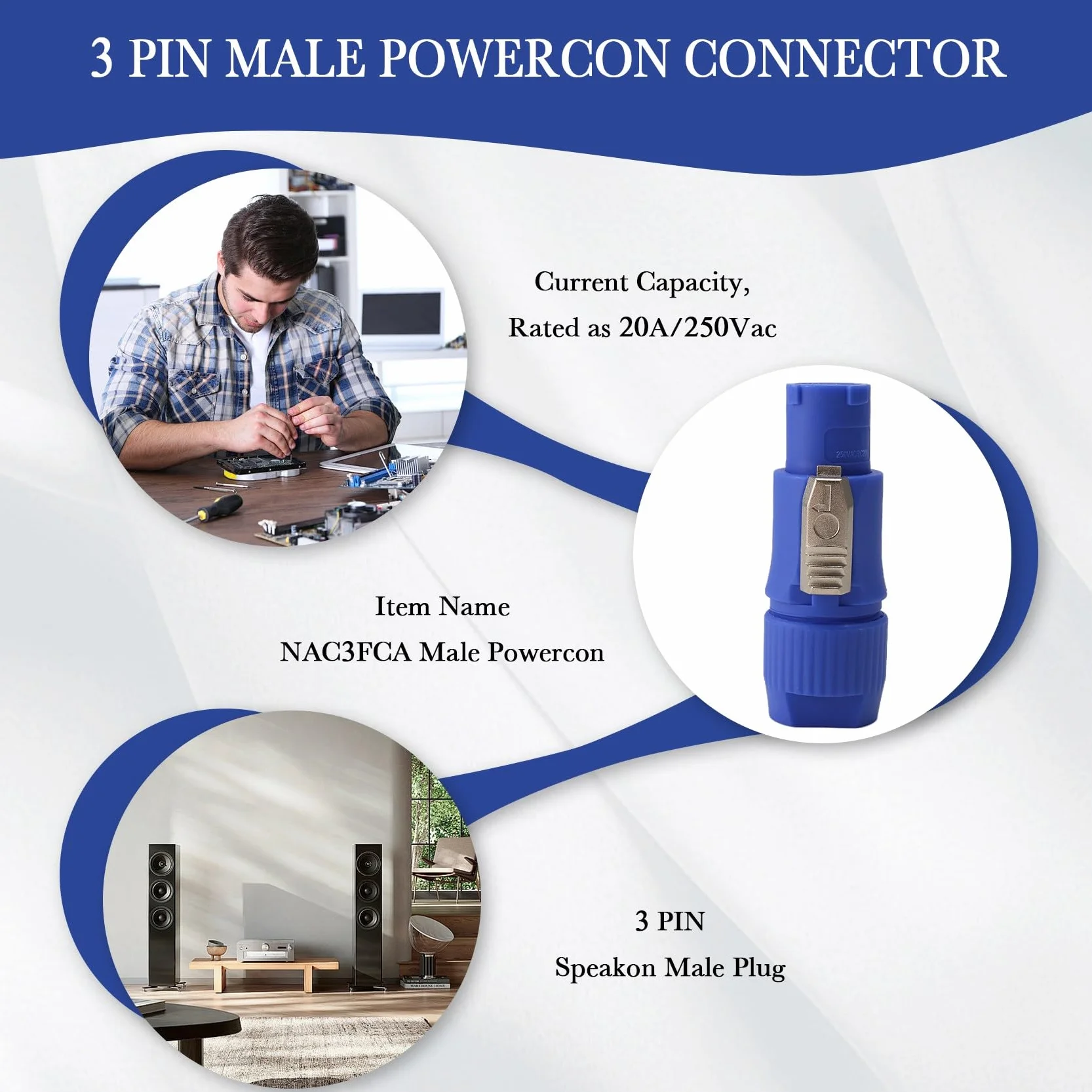 20 sztuk wtyczek Powercon, 3-biegunowe wtyczki Powercon NAC3FCB, wtyczka Speakon, 20 A, 250 V AC, niebieska i