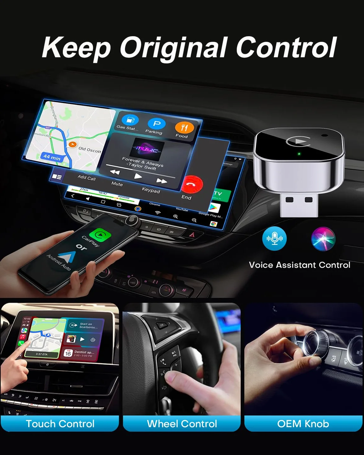 Bezprzewodowy adapter CarPlay 2025 Android samochodowy mini stabilny klucz sprzętowy iOS 10 Android 11 czarny