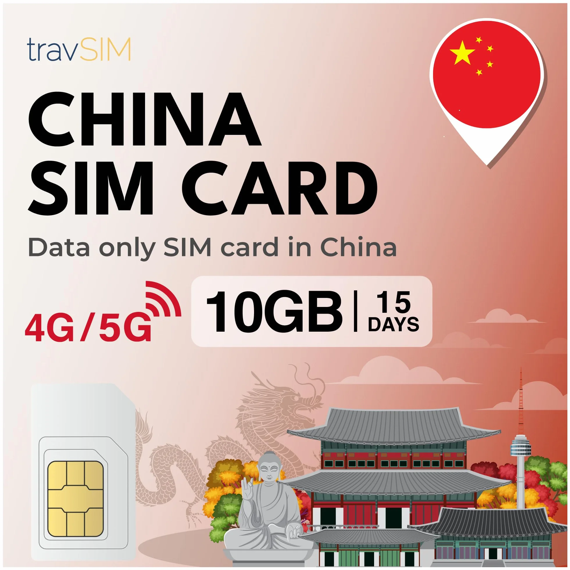 travSIM China Mobile SIM Card | 15 dni - 10 GB przy prędkości 5G/4G | Chiny Travel SIM do pozostania w kontakcie | 24/7 wsparcie