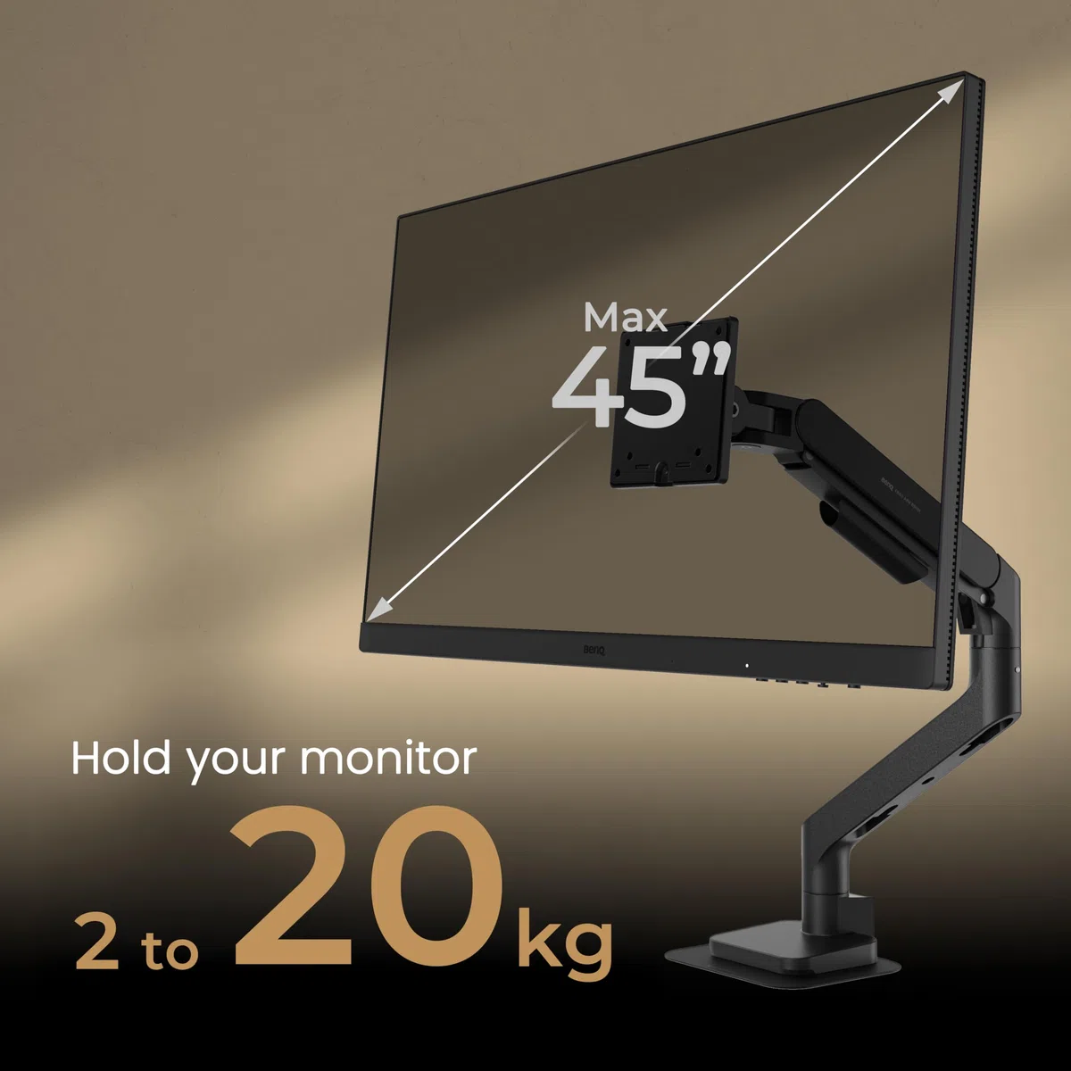 BenQ BSH01 Ramię monitora Ergo, stojak na monitor ze sprężyną gazową na ekrany o przekątnej do 45'' i 20 kg, wytrzymały, szybki montaż, bez chybotania, górny zacisk i podstawa przelotkowa, płyta