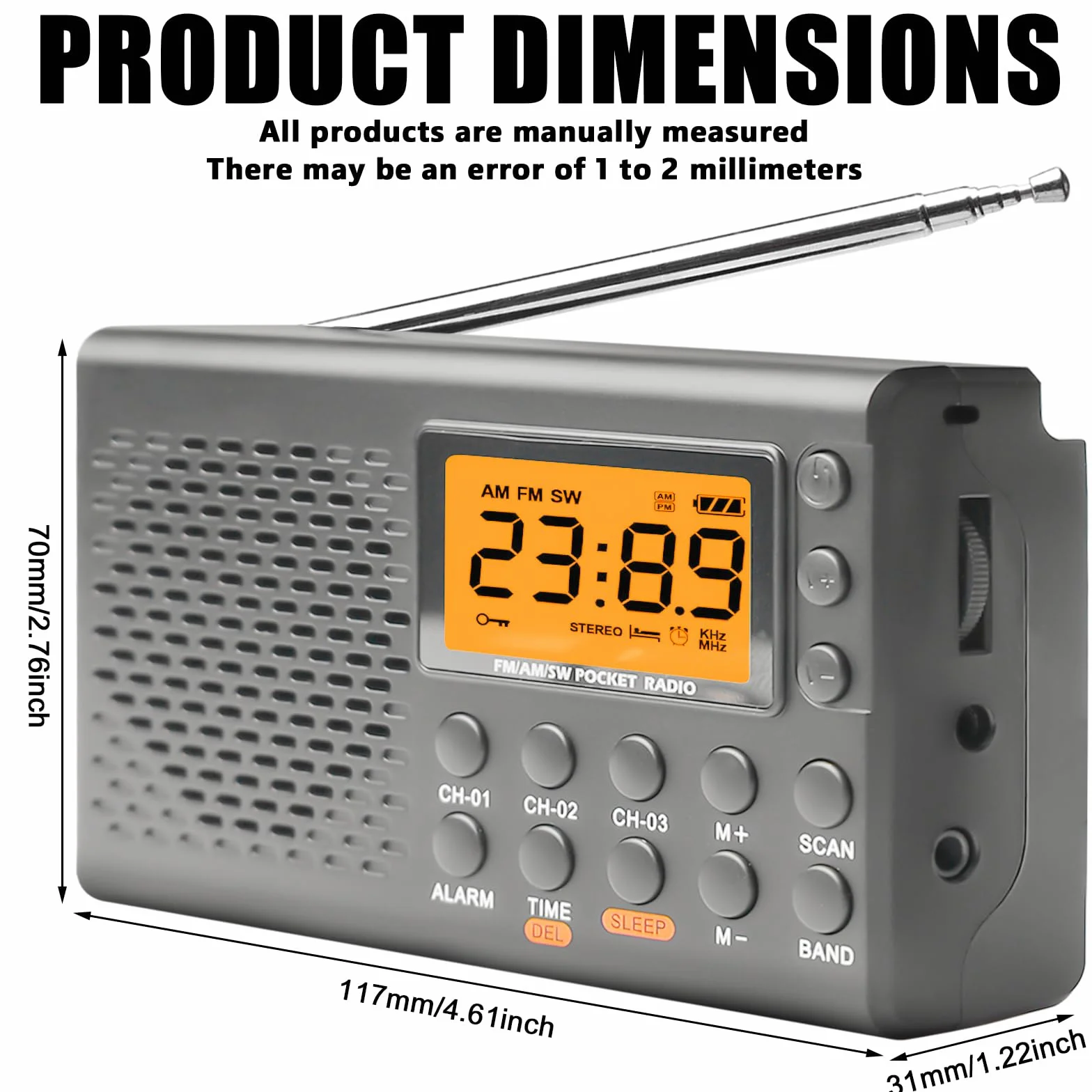 Przenośne radio AM FM SW z wyświetlaczem LCD, małe radio walizkowe, 35 ustawień wstępnych