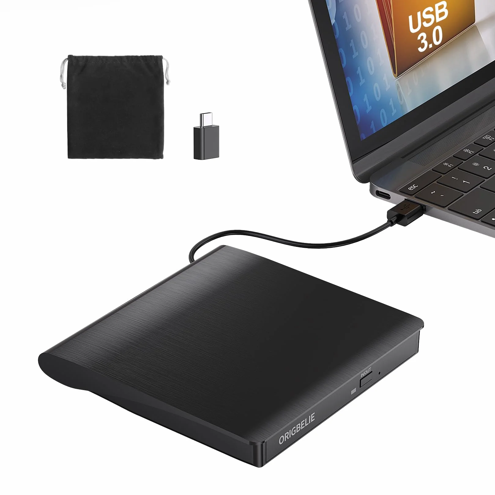 ORIGBELIE Zewnętrzny napęd CD/DVD dla laptopa, USB 3.0 nagrywarka CD +/-RW CD ROM Zewnętrzny napęd DVD Przenośny odtwarzacz DVD dla laptopa, komputera stacjonarnego PC Apple Mac Windows 11/10/8/7/XP