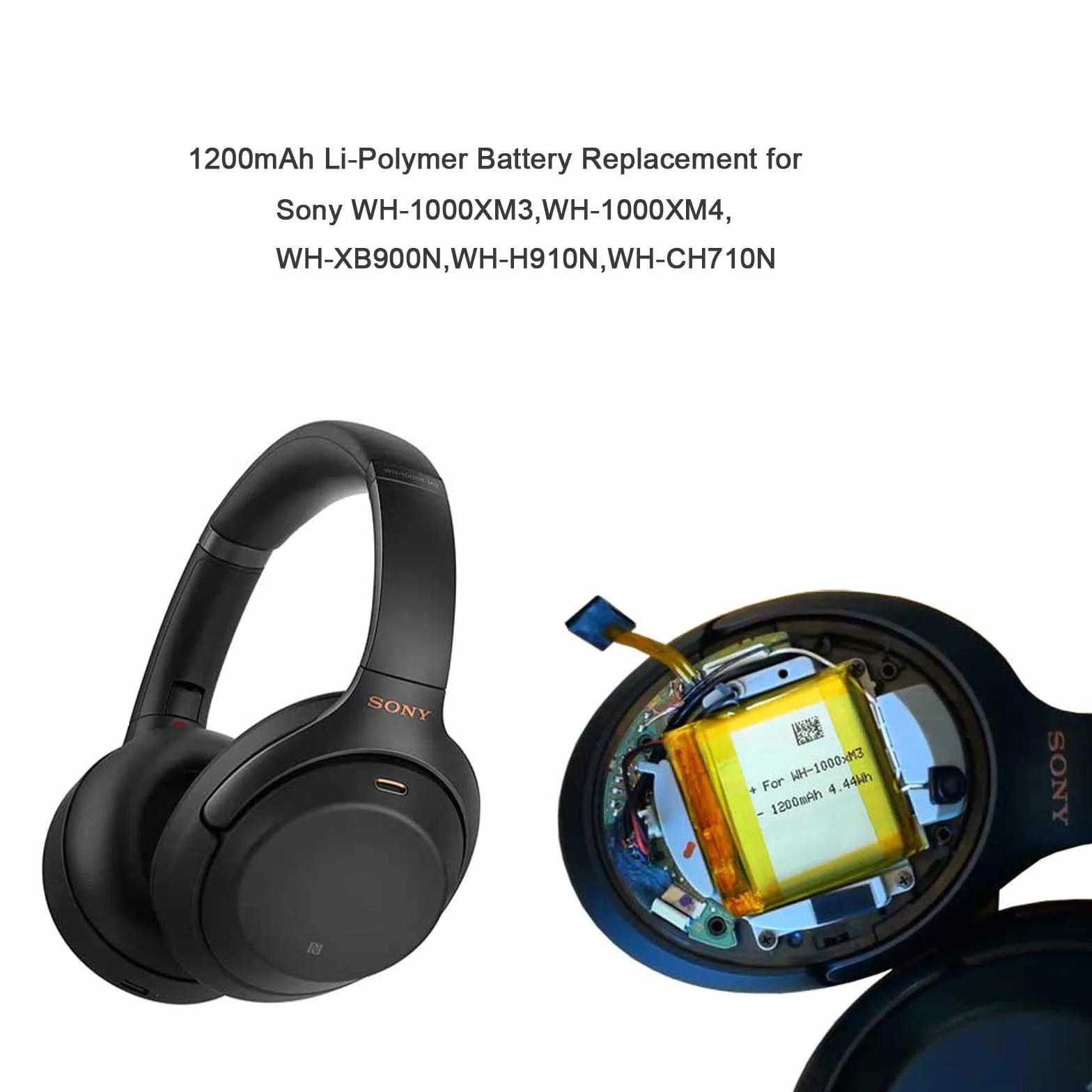 1200 mAh akumulator litowo-polimerowy do Sony WH-1000XM3/WH-1000XM4/WH-XB900N/WH-H910N/WH-CH710N – kompatybilny akumulator SM-03 SP 624038