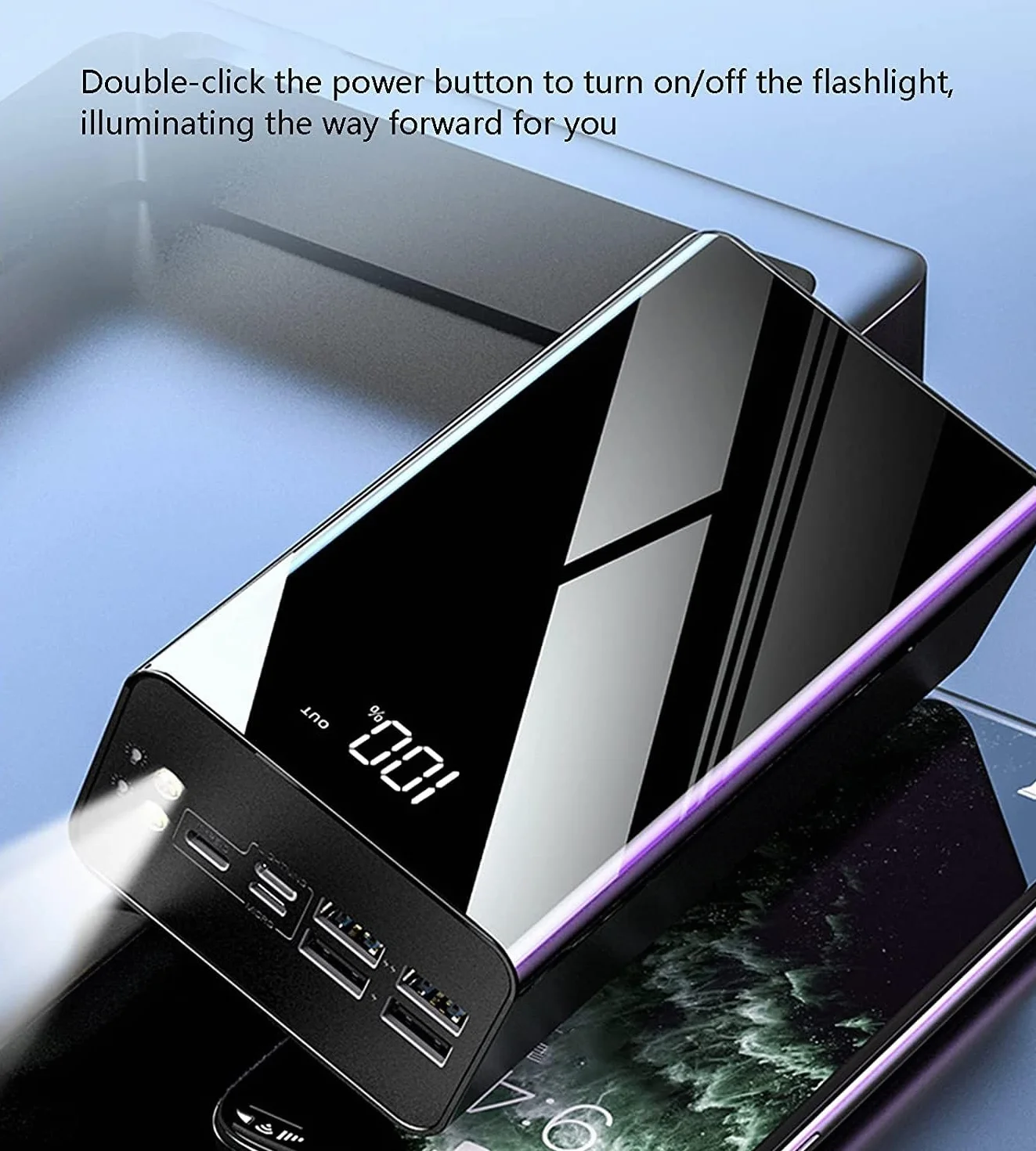 Przenośna ładowarka 40000-100000 mAh powerbank o dużej pojemności, obsługa szybkiego ładowania z wyświetlaczem, może ładować 4 urządzenia jednocześnie do smartfonów, tabletów, konsol do gier (czarna