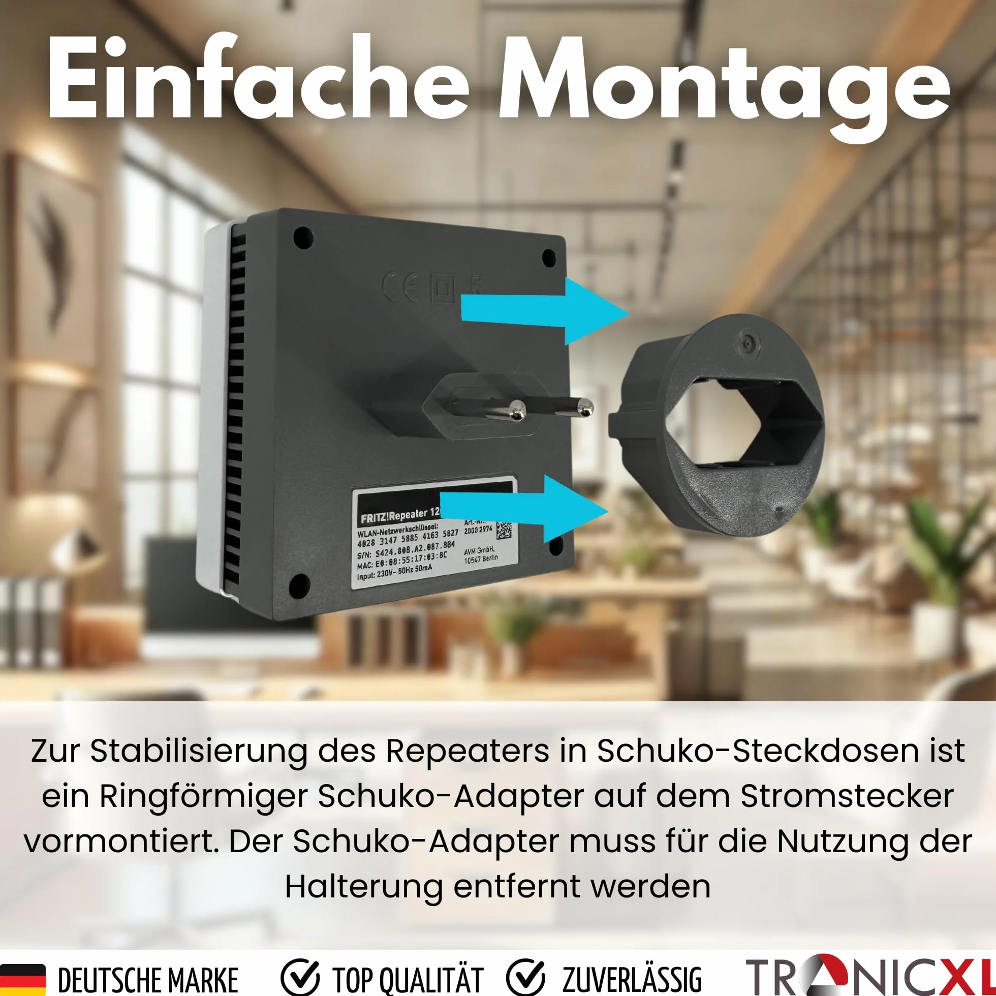 TronicXL Przedłużenie 2 m + stojak W-LAN Repeater kompatybilny z Fritz Repeater 600 1200 1750E 2400 AVM Fritz! Uchwyt 200 cm