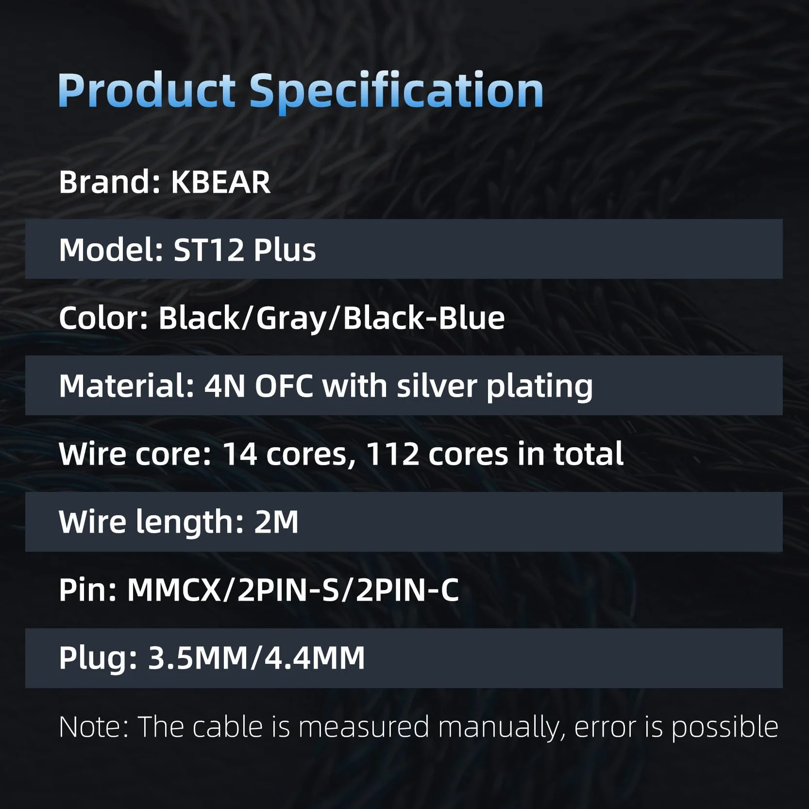 KBEAR ST12 Plus 2-pinowy 2-pinowy zamienny kabel do słuchawek do monitorowania uszu, posrebrzany kabel słuchawkowy HiFi do KZ ZST/AS10/ZS10/CCA C10/C12 (niebieski-czarny, 2-pinowe 4,4 mm)
