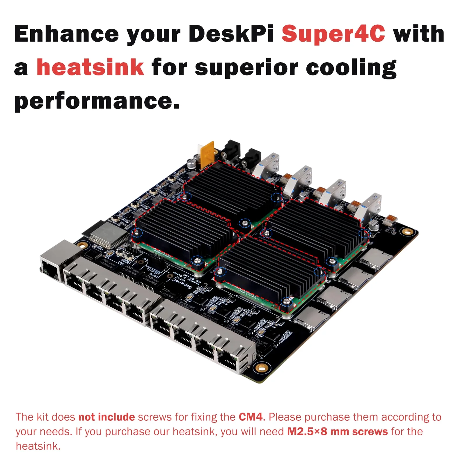 DeskPi Super4C do Raspberry Pi Compute Module 5, Cluster Mini-ITX Board obsługuje 4 CM5, sieć 2,5 GbE + 1 GbE, M.2 NVMe, montaż w stelażu 1U, w zestawie zasilacz sieciowy 89 W