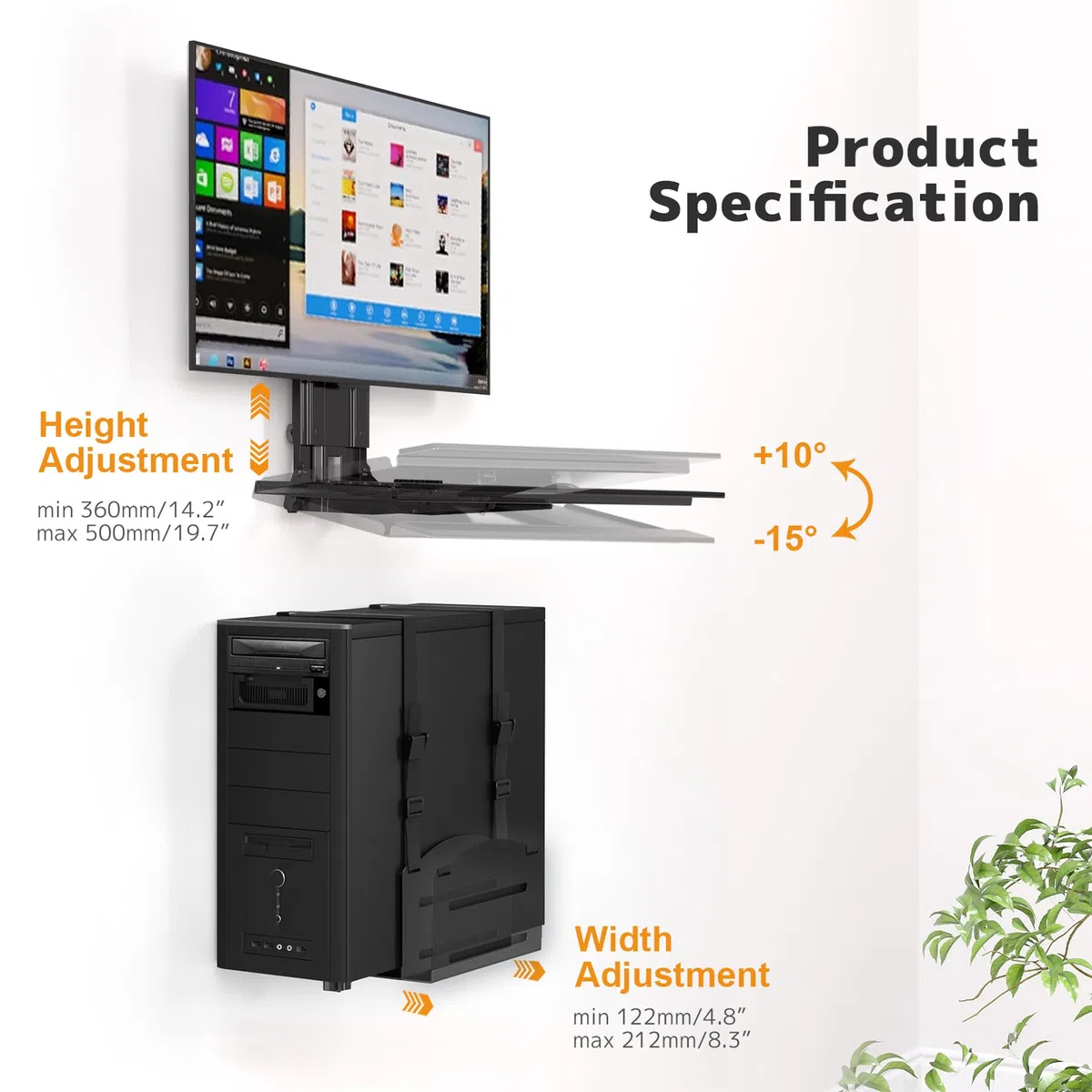 Uchwyt ścienny do monitora i klawiatury z uchwytem na procesor do monitorów 81.3 cm (maks. 25 kg), tacą na klawiaturę (obciążenie 2 kg) i uchwytem na procesor (pojemność 10 kg) - regulacja wysokości