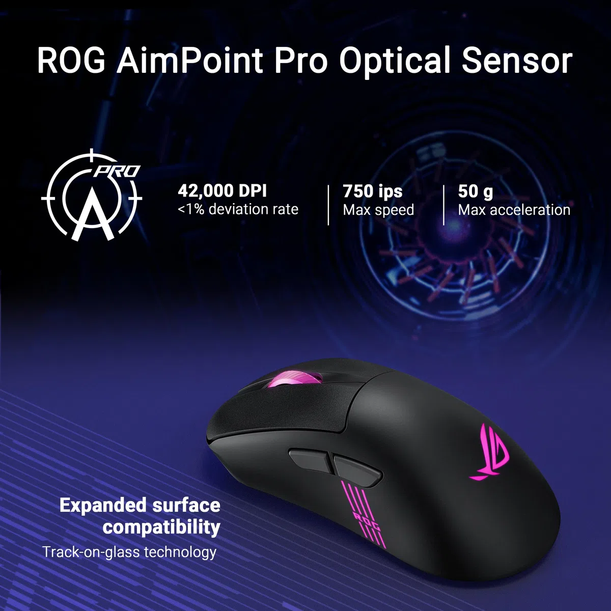 ASUS ROG Keris II Origin 64 g, ergonomiczna mysz do gier, złącze Push-Fit Switch, czujnik optyczny 42K, ROG Micro Switch II, ROG Omni Receiver, 5 programowalnych przycisków, czarny