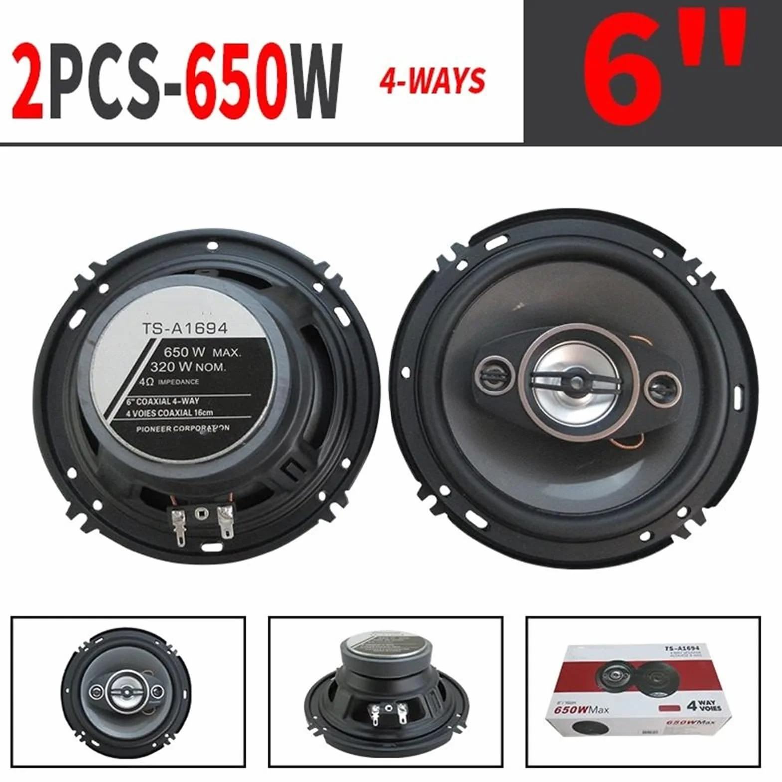 Głośnik Wysokotonowy Car Audios 1 para 6-calowych 4-drożnych głośników współosiowych HiFi 650 W, głośniki stereo do muzyki samochodowej o pełnym zakresie częstotliwości