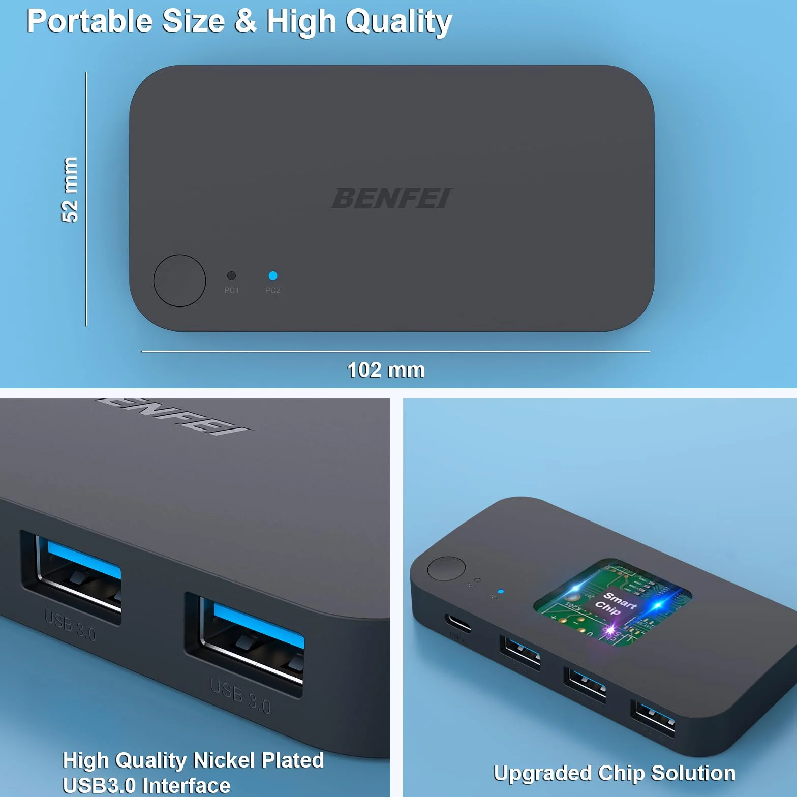 BENFEI przełącznik USB 2 komputery Udostępnij 3*USB 3.0, 1*USB C z pilotem do PC Klawiatura z myszką Drukarka Skaner, Selektor przełącznika USB KVM Zgodny z systemami Windows, Mac, Linux