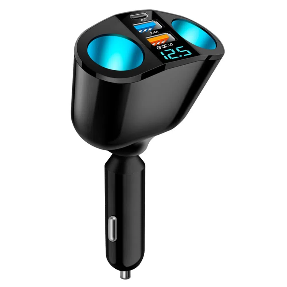 Super szybki 5-portowy rozgałęźnik zapalniczki samochodowej QC3.0 i PD 20 W z podwójnym gniazdem zapalniczki z woltomierzem LED kompatybilny z iPhone 14 Pro, iPadem, kamerą pokładową GPS (PD+QC+2,4A)