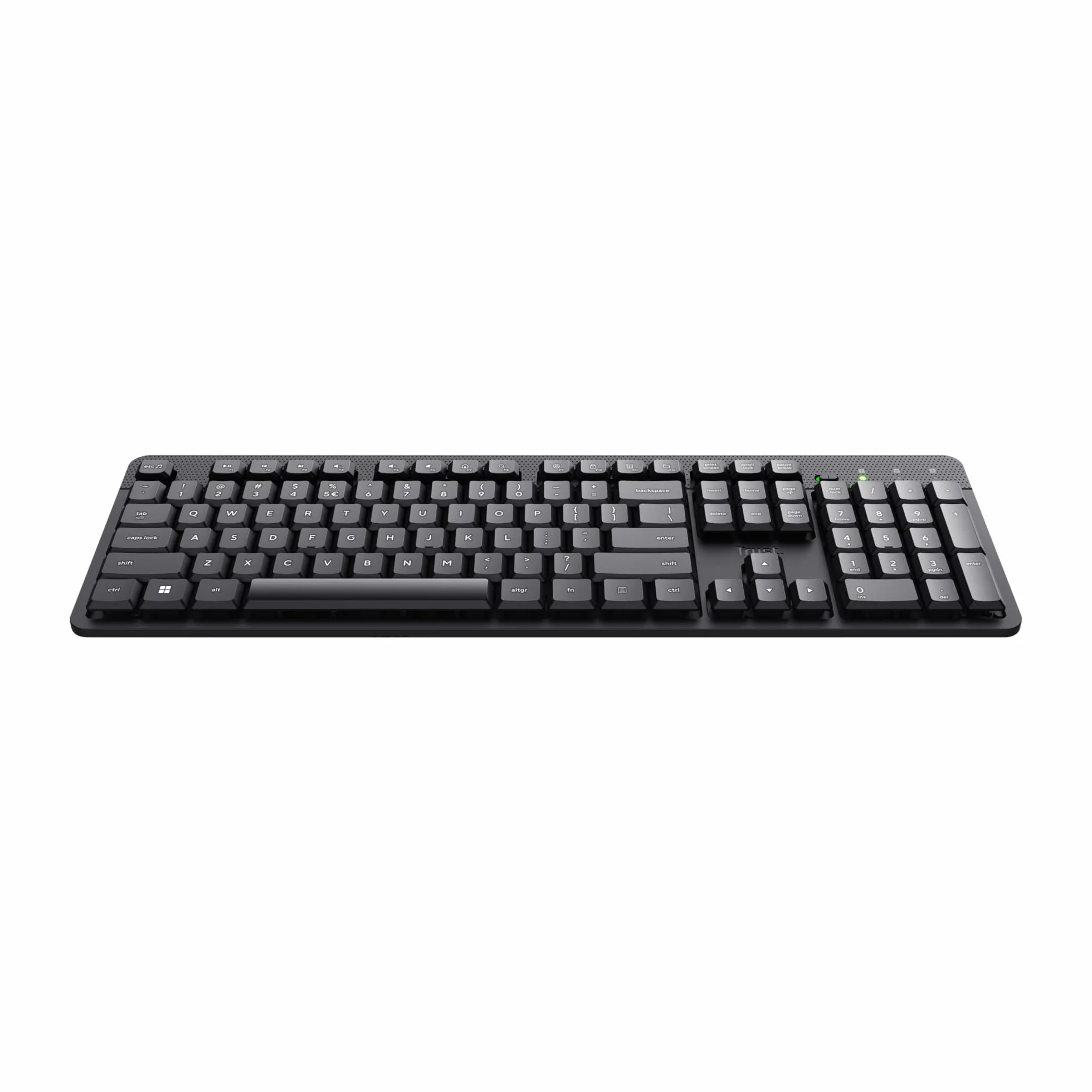 Trust Ody II Cicha klawiatura bezprzewodowa QWERTY układ US, unoszące się niskoprofilowe klawisze, odporne na zalanie, mikroodbiornik USB 2,4 GHz, pełnowymiarowa bezprzewodowa klawiatura do PC,