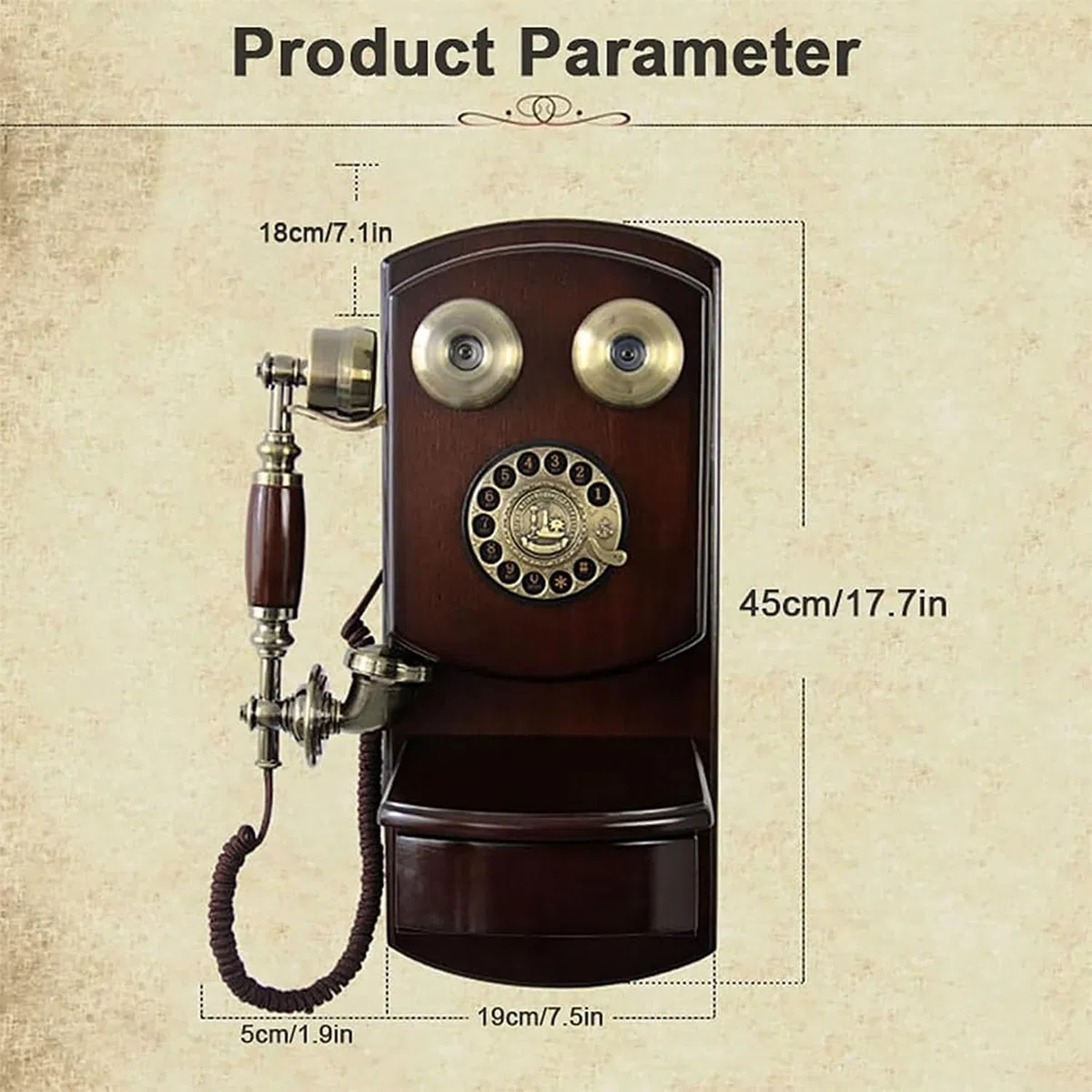 Drewniany telefon ścienny w stylu vintage, z obrotową tarczą, funkcja połączeń bez użycia rąk, dekoracja retro, do domu, salonu, biura, kawiarni