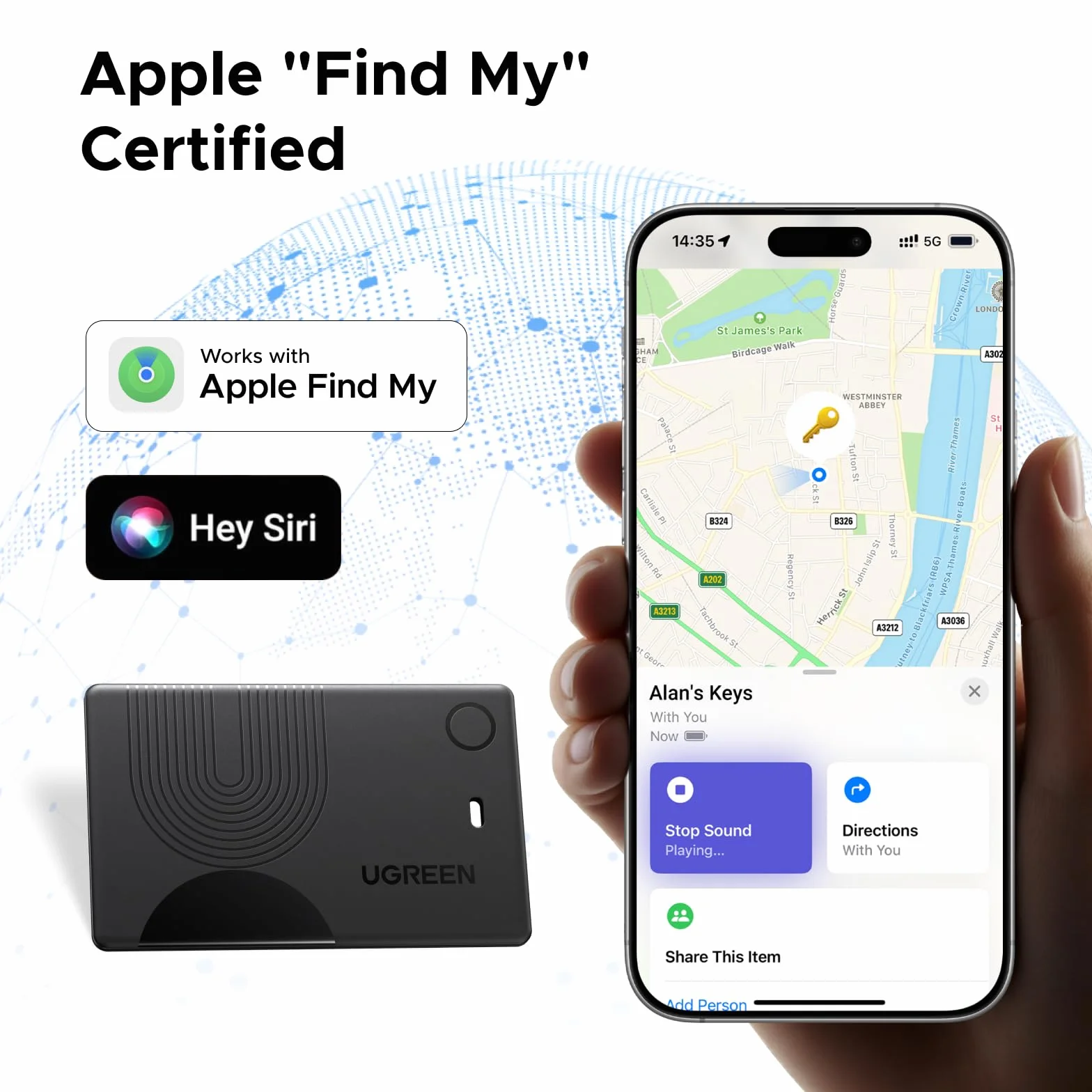 UGREEN FineTrack Slim obsługuje magnetyczne ładowanie bezprzewodowe, karta Bluetooth Tracker kompatybilna z Apple Find My (tylko iOS), lokalizator portfela z baterią wystarczającą na 1 rok