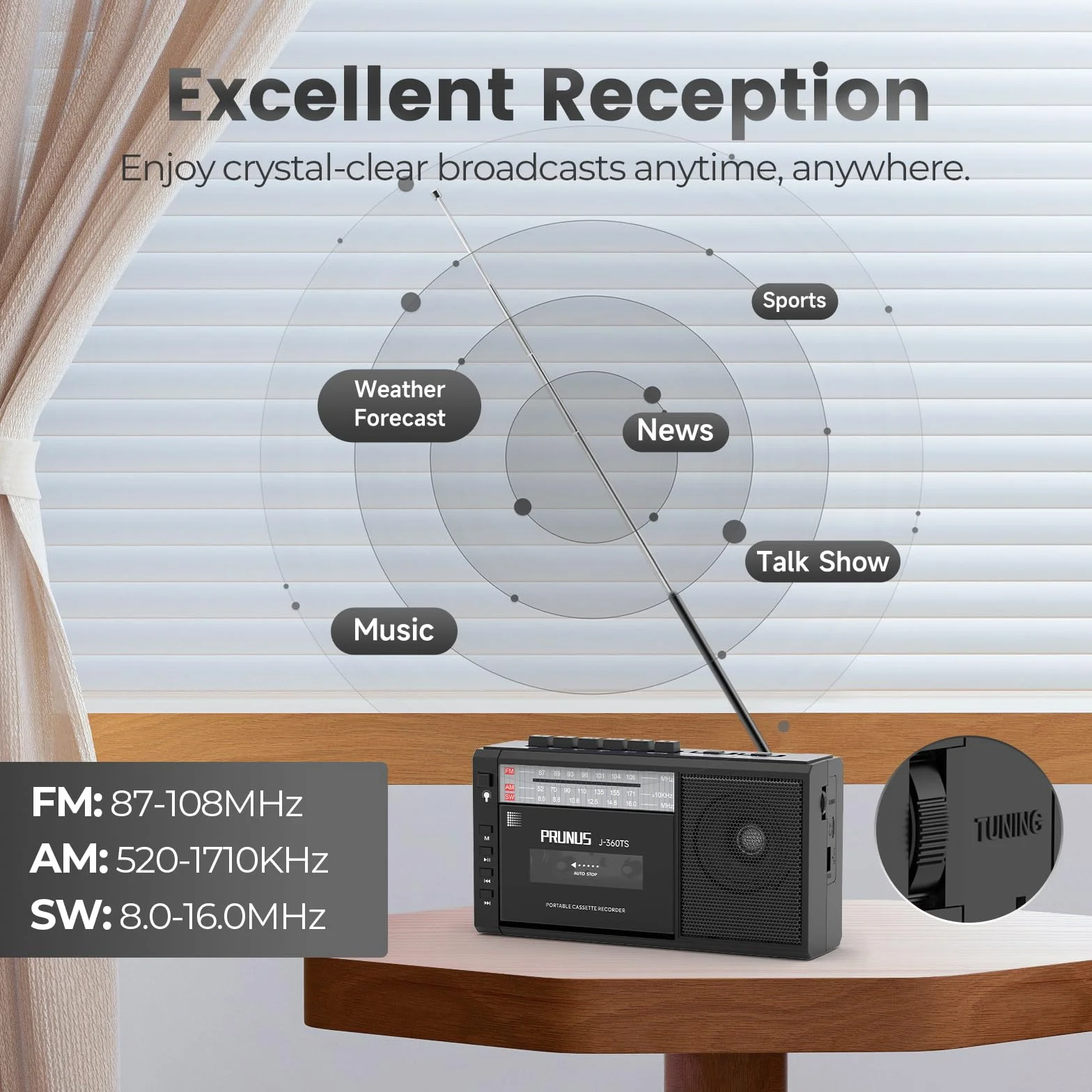 PRUNUS J-360 kasetowy odtwarzacz Bluetooth AM/FM Radio słoneczne ładowalne z gniazdem słuchawkowym TF USB