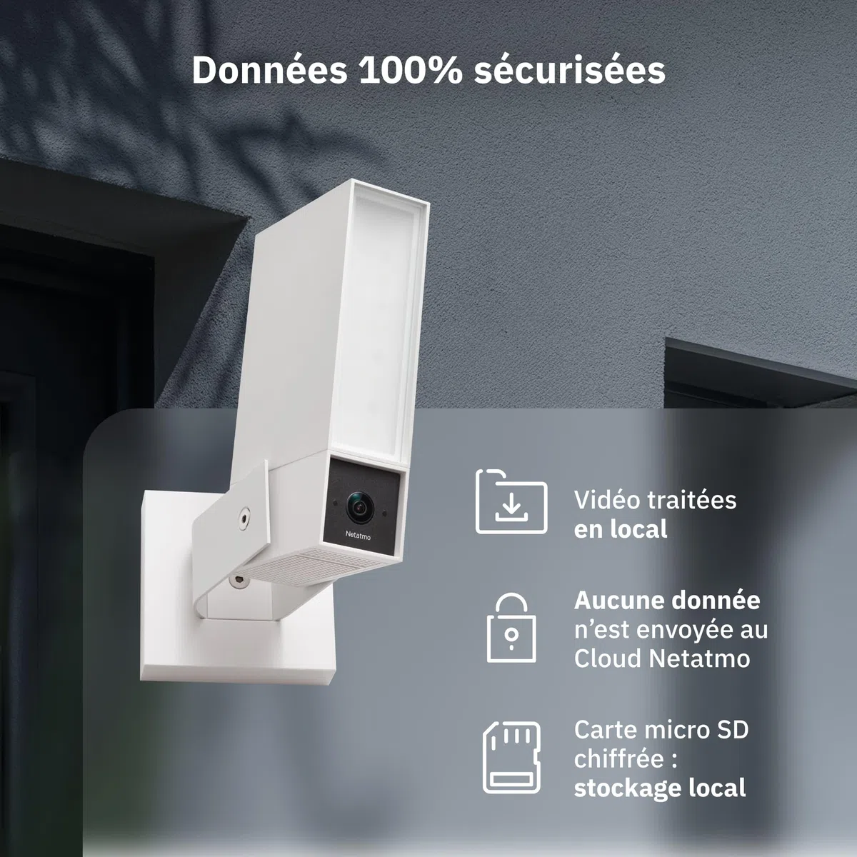 Monitorująca Kamera Zewnętrzna NETATMO, Wi-Fi 5 GHz, 2K HDR, wykrywanie osób pojazdów/zwierząt dzięki AI, reflektor LED 12 W, wbudowany alarm 105 dB, lokalne przechowywanie danych, bez abonamentu, Cza