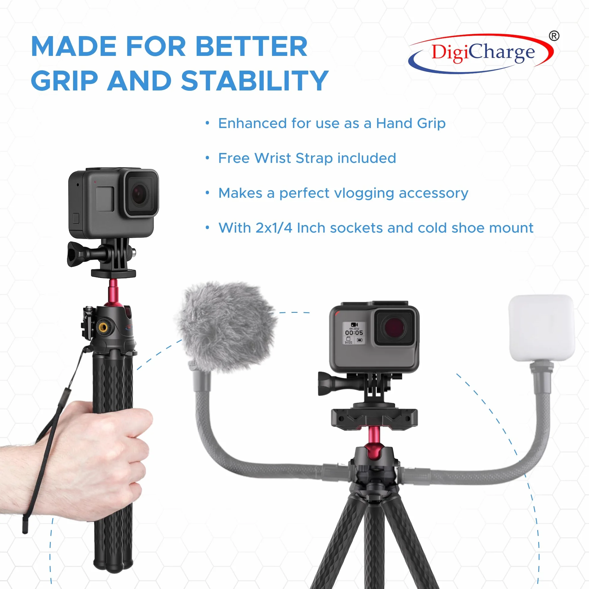 Digicharge Elastyczny statyw do telefonu/kamery sportowej/kamery kompatybilny ze smartfonem/Gopro Hero / Insta360 / aparatami cyfrowymi i DSLR Gorilla Tri Pod Mount Stand