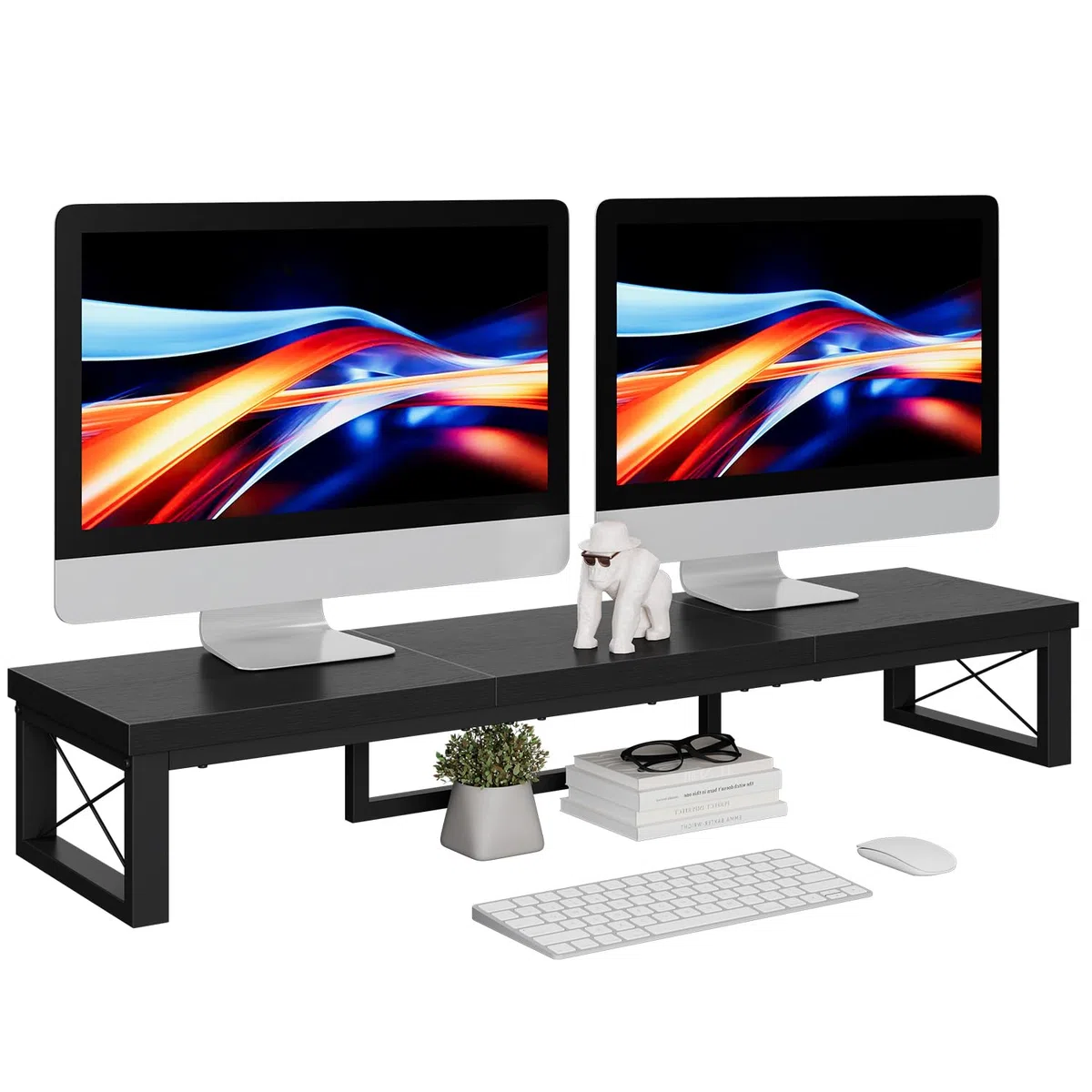 IBUYKE Podwójny stojak na monitor, podwyższenie ekranu komputera, 97 cm, drewniany, z miejscem do przechowywania, stolik biurowy z podwójnym ekranem, stojak na monitor do komputera, drukarki, laptopa