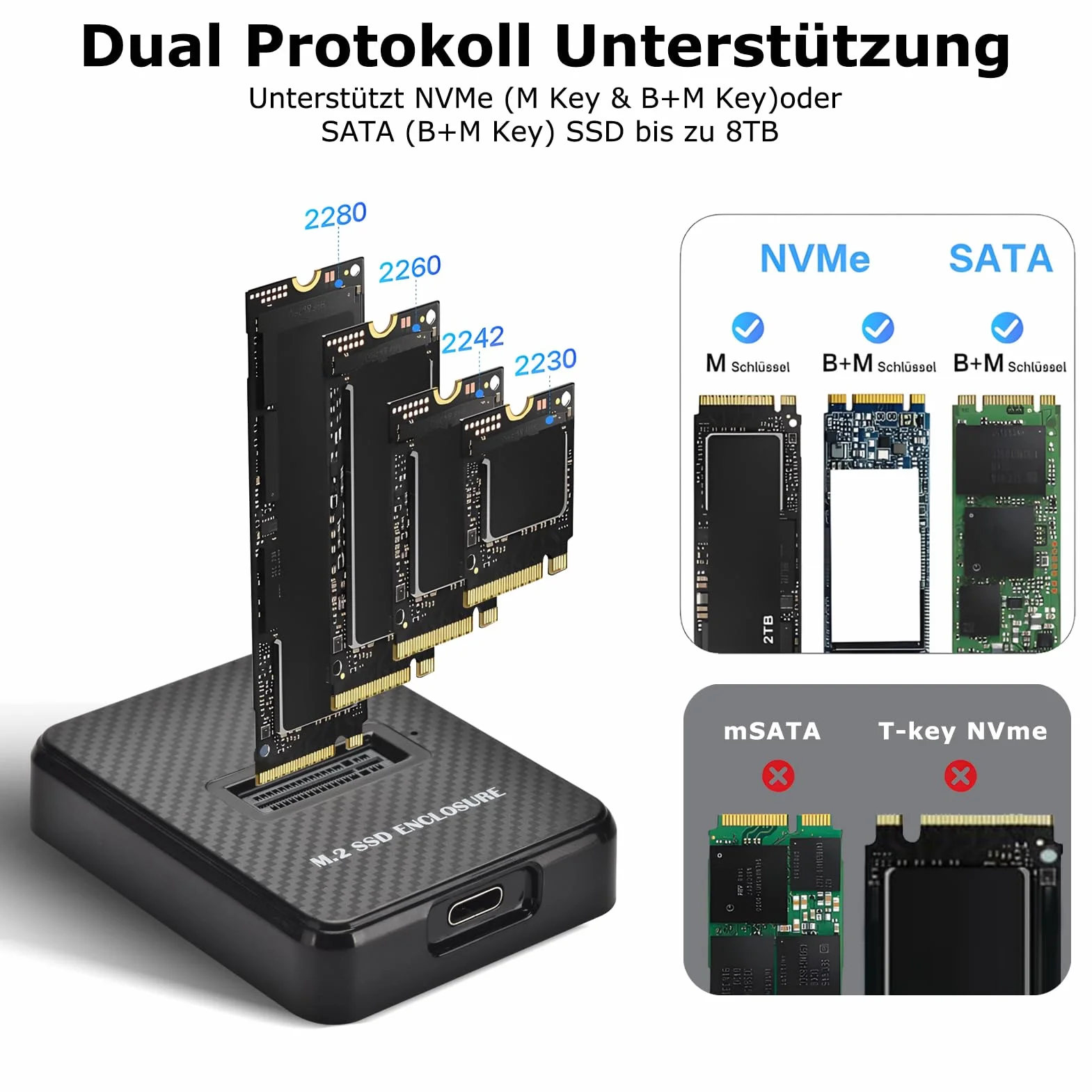 M.2 NVMe & SATA Stacja dokująca do dysków twardych, 10 Gbps NVMe USB adapter do M-Key B+M Key, USB 3.1 Gen2 podwójny protokół M2 SSD obudowa do 2230 2242 2260 2280 SSD