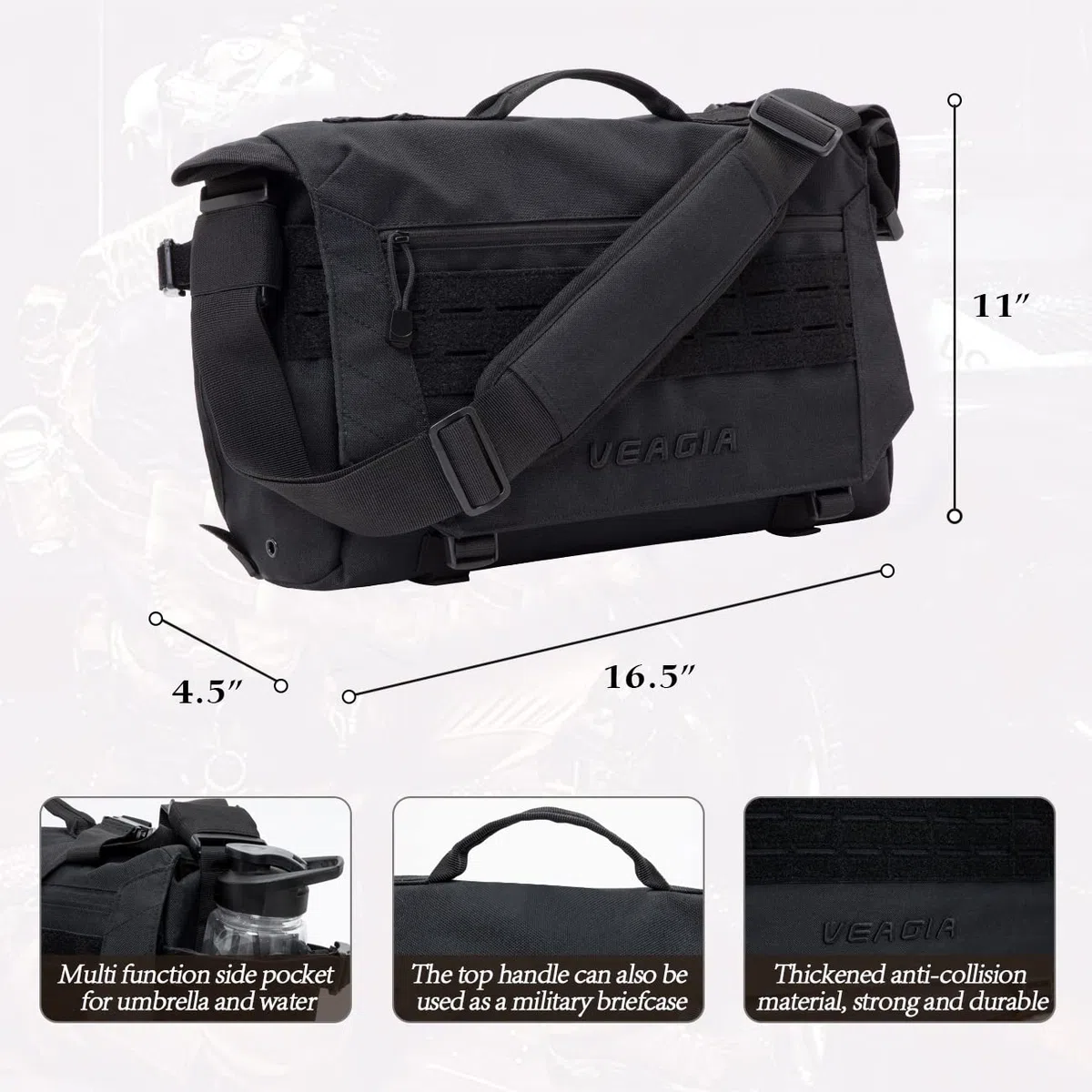 VEAGIA Torby kurierskie Torba na laptopa Teczka system Molle Styl taktyczny Odpinany pasek na ramię Torby na ramię (43x30x13cm), Czarny, 16.5x11x4.5in
