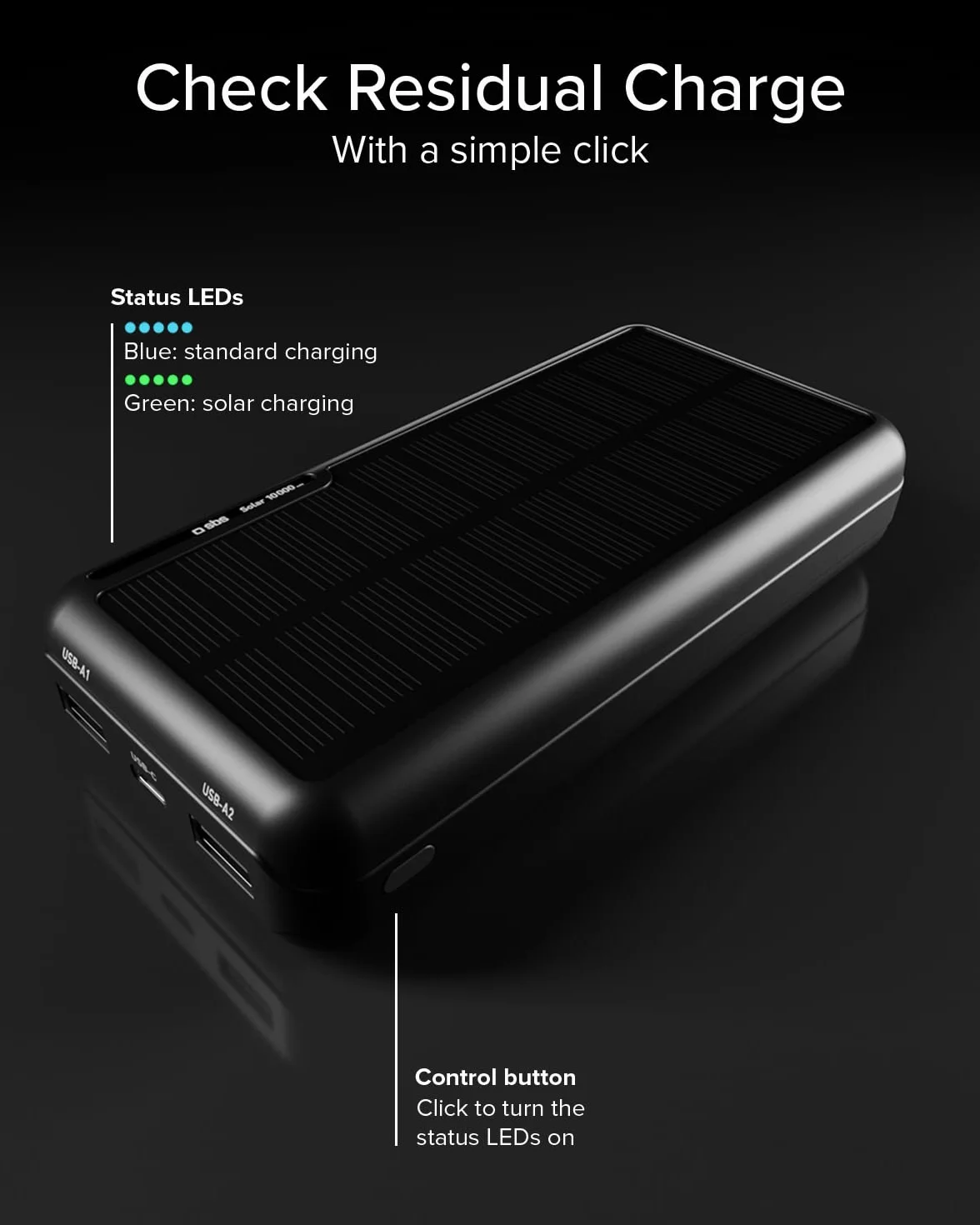 SBS Solar PowerBank 10000mAh z Panelem Słonecznym Szybkie Ładowanie USB-C USB-A Czarny