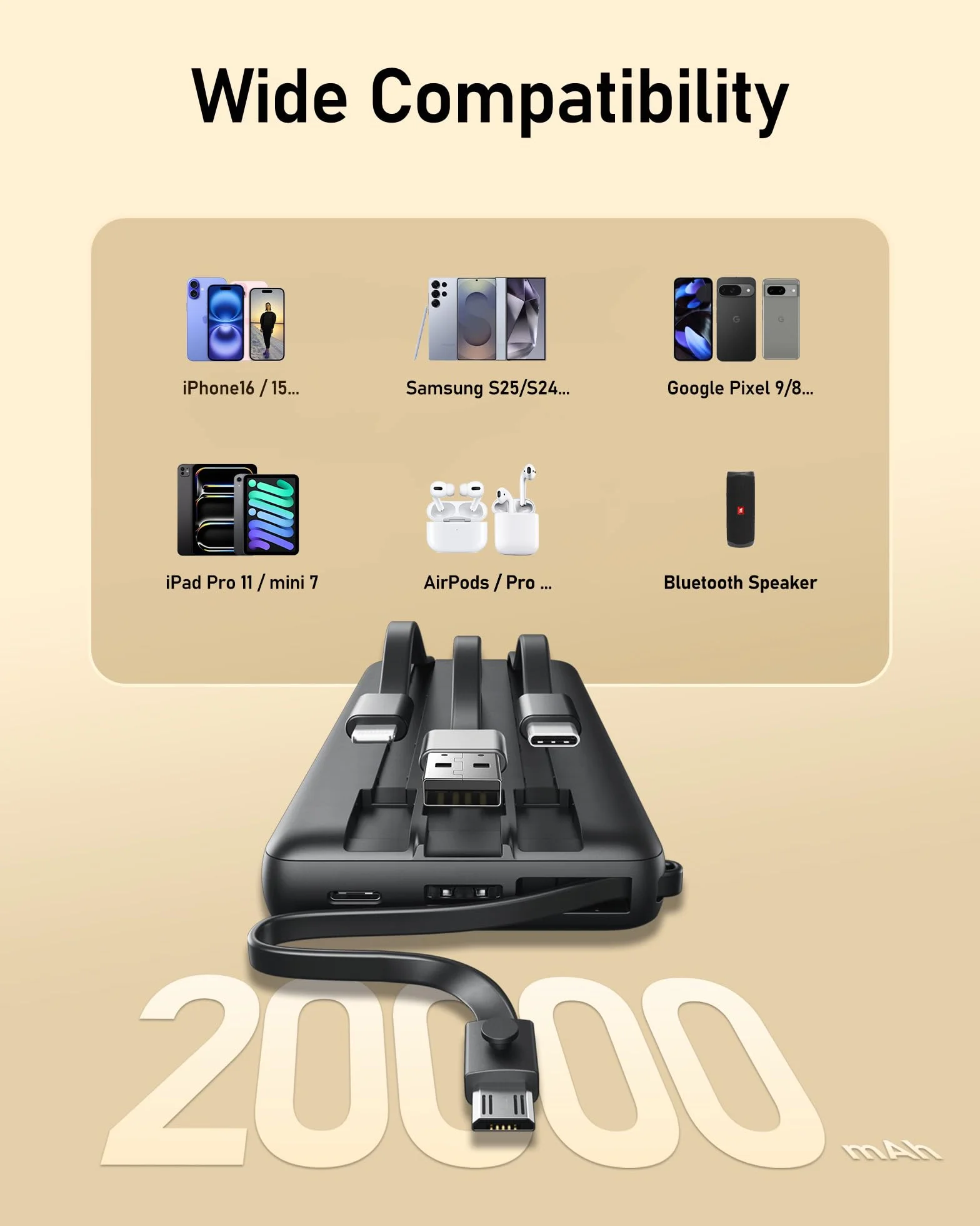 VEEKTOMX Power Bank 20000mAh Powerbank z wbudowanymi kablami przenośna ładowarka USB C bateria zewnętrzna z 5 wyjściami i 2 wejściami, kompatybilny z iPhone 16 Samsung Huawei Xiaomi (20000mAh-czarny)
